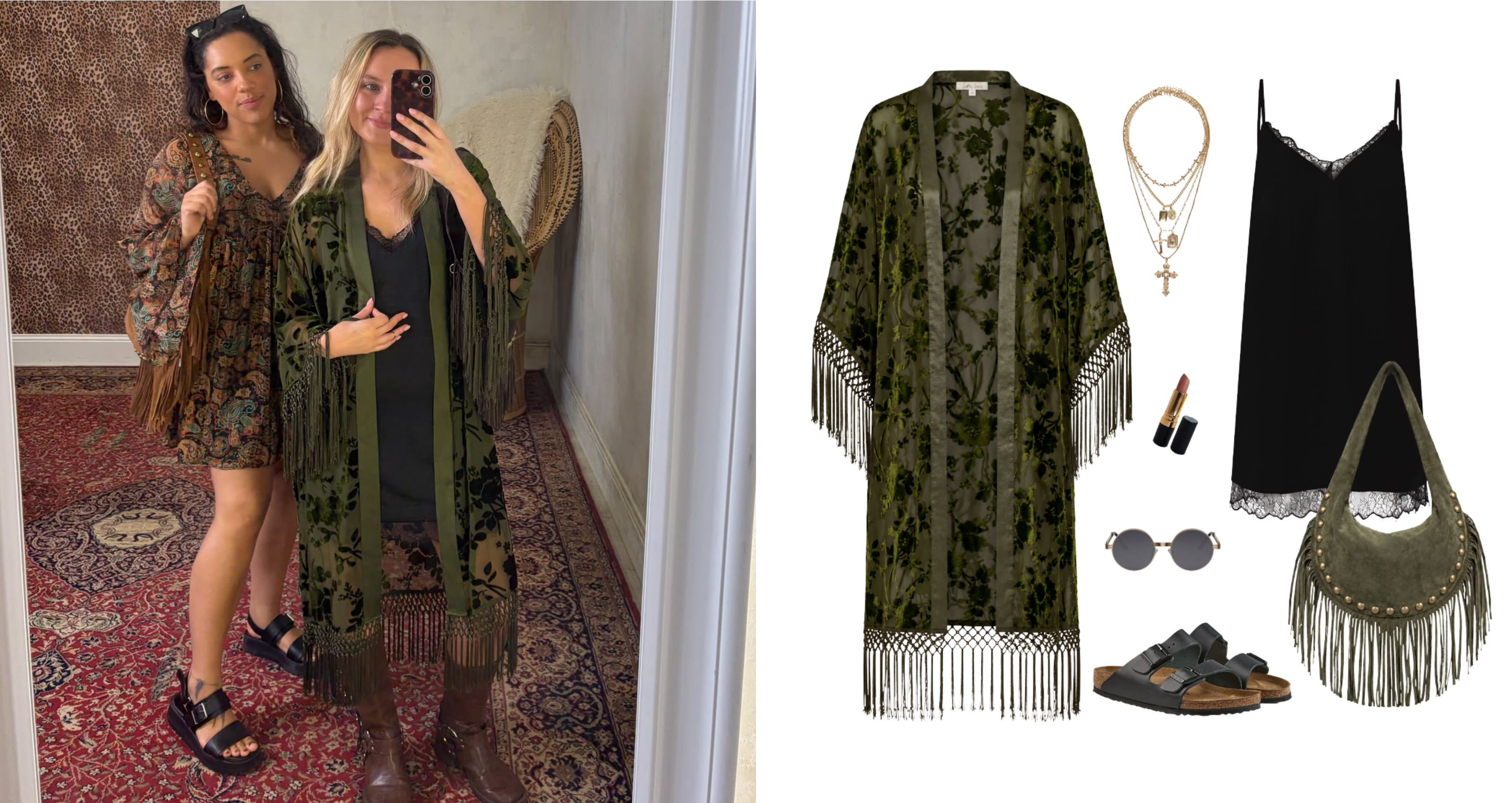 Model wearing Little Lies Dakota olive devoré kimono with velvet floral burnout detailing and tassel fringe trim styled over black lace slip dress for boho-inspired layering
