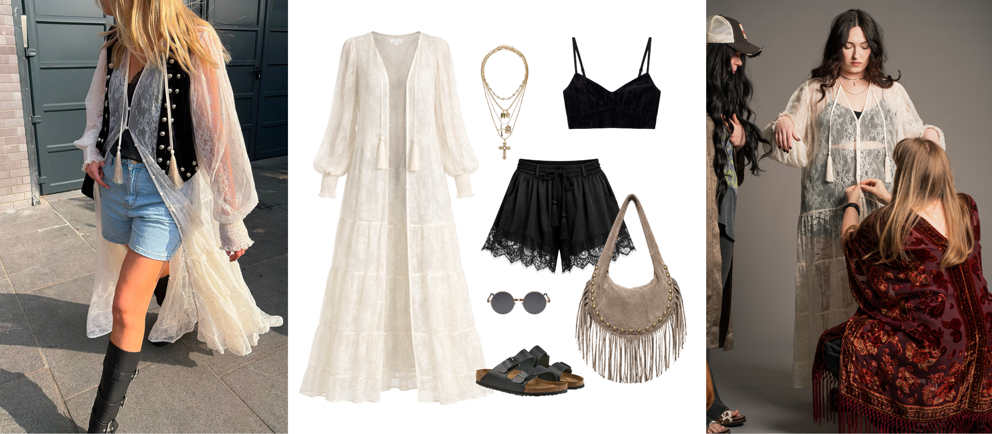 Model wearing Little Lies Rhiannon ivory maxi dress with delicate lace detailing and tassel tie neckline styled with Lennon studded velvet waistcoat, denim shorts and knee-high boots for boho-inspired layering