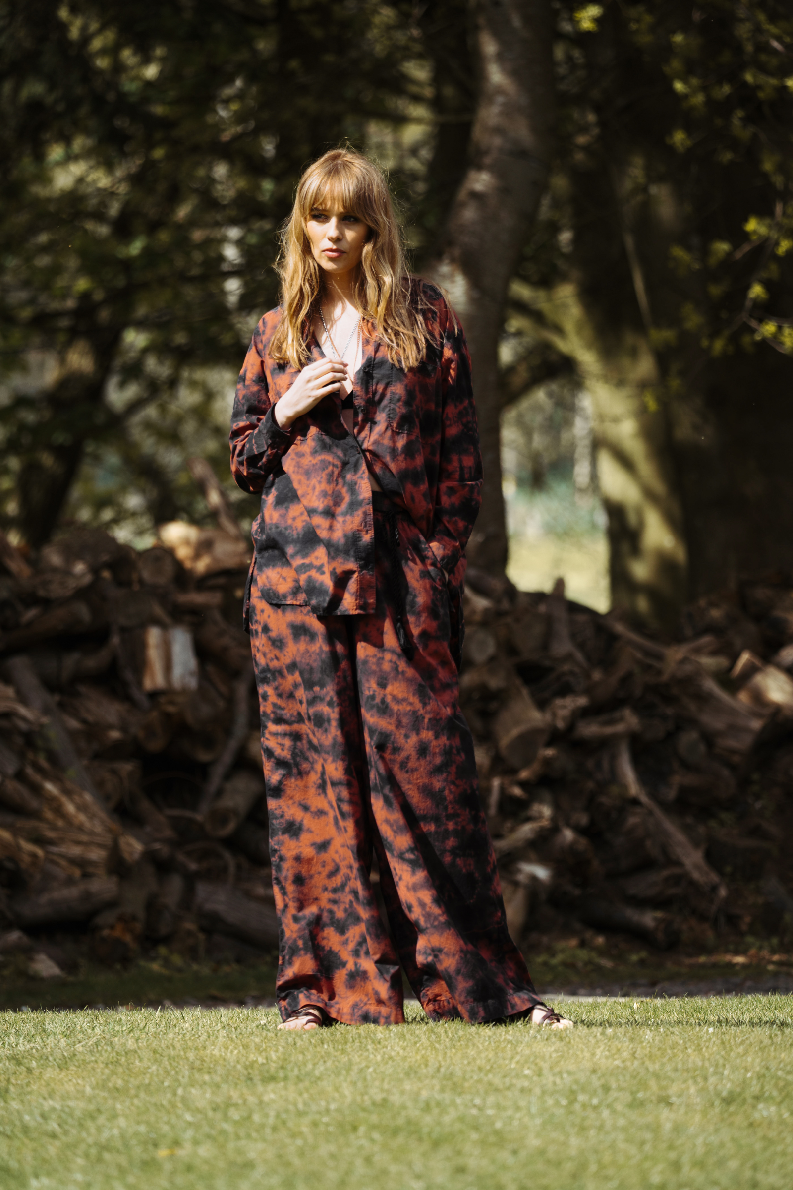 Model Tinna wearing the Zephyr Tie Dye Co-Ord, featuring a bold tie-dye pattern and relaxed fit, perfect festival fashion