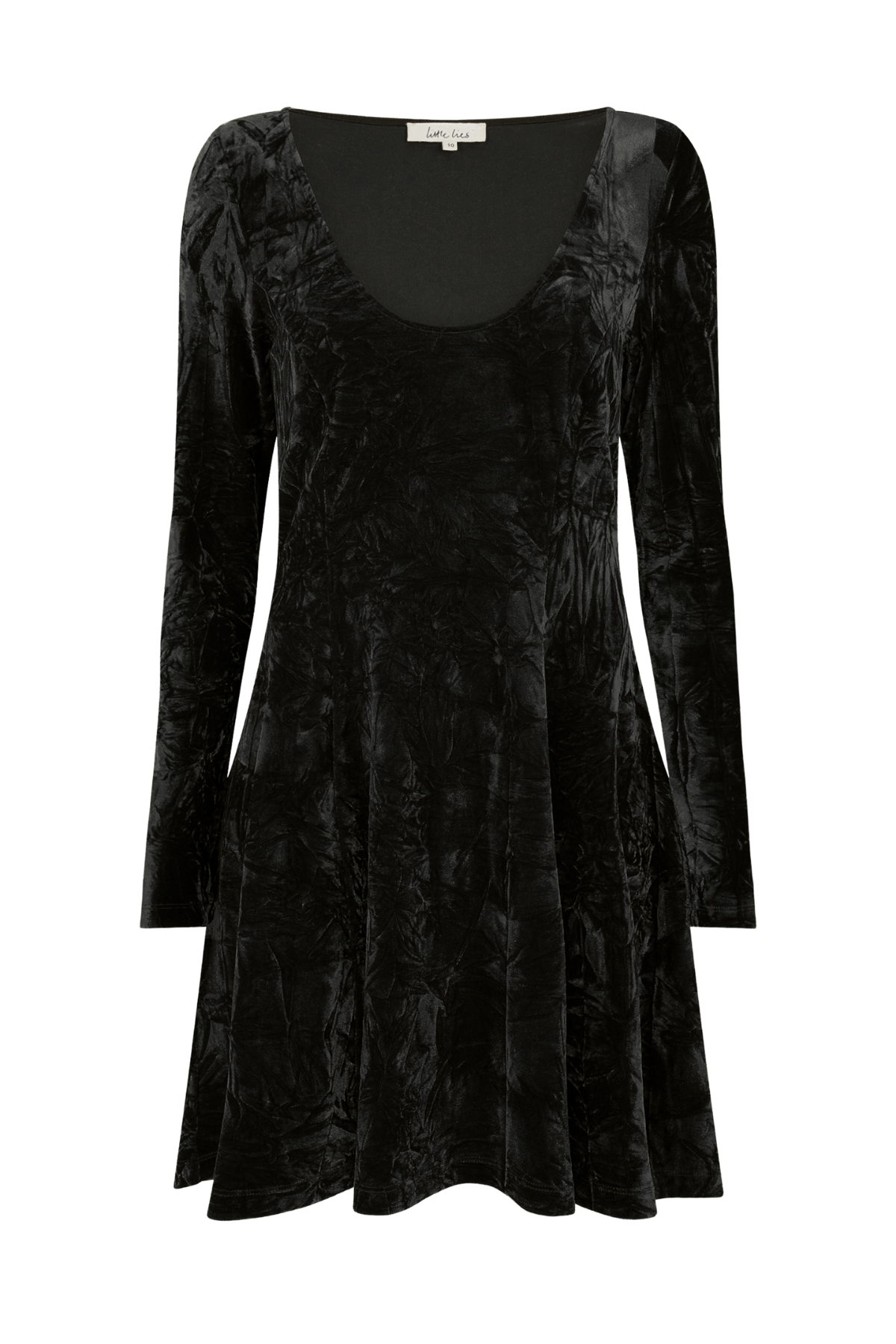 Ghost image detail highlighting the scoop neckline, long sleeves, and crushed velvet texture of the Little Lies Sweet Jane Black Mini Dress.