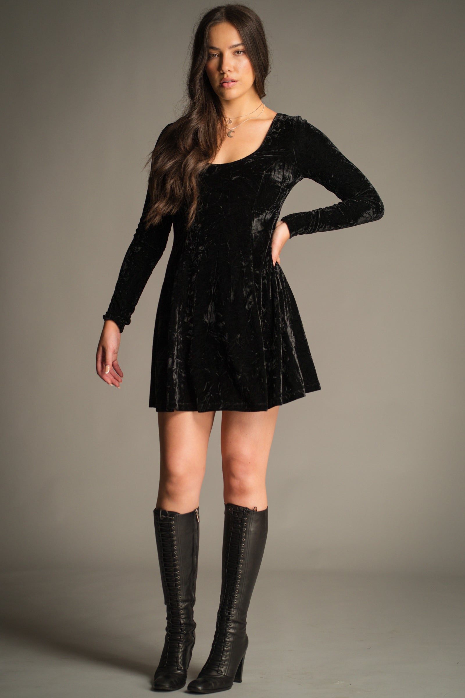Full length front view of the Sweet Jane Black Crushed Mini Dress in black crushed velvet.