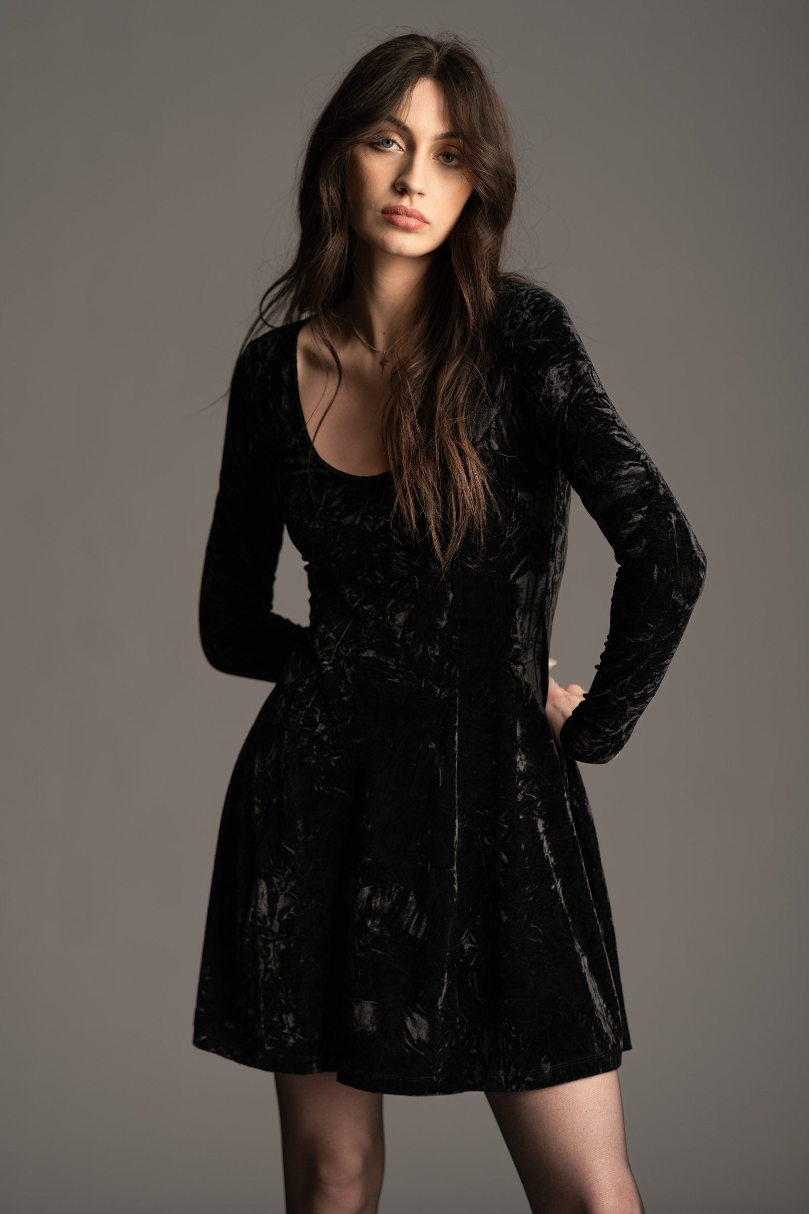 Front detail view of the Little Lies Sweet Jane Black Crushed Mini Dress with scoop neck and flared skirt.