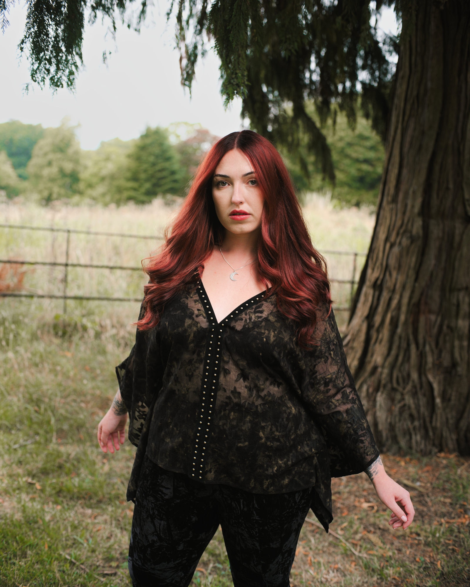Taylor in Bella Donna Studded Kimono Top styled in a Stevie Nicks inspired, dreamy woodland setting