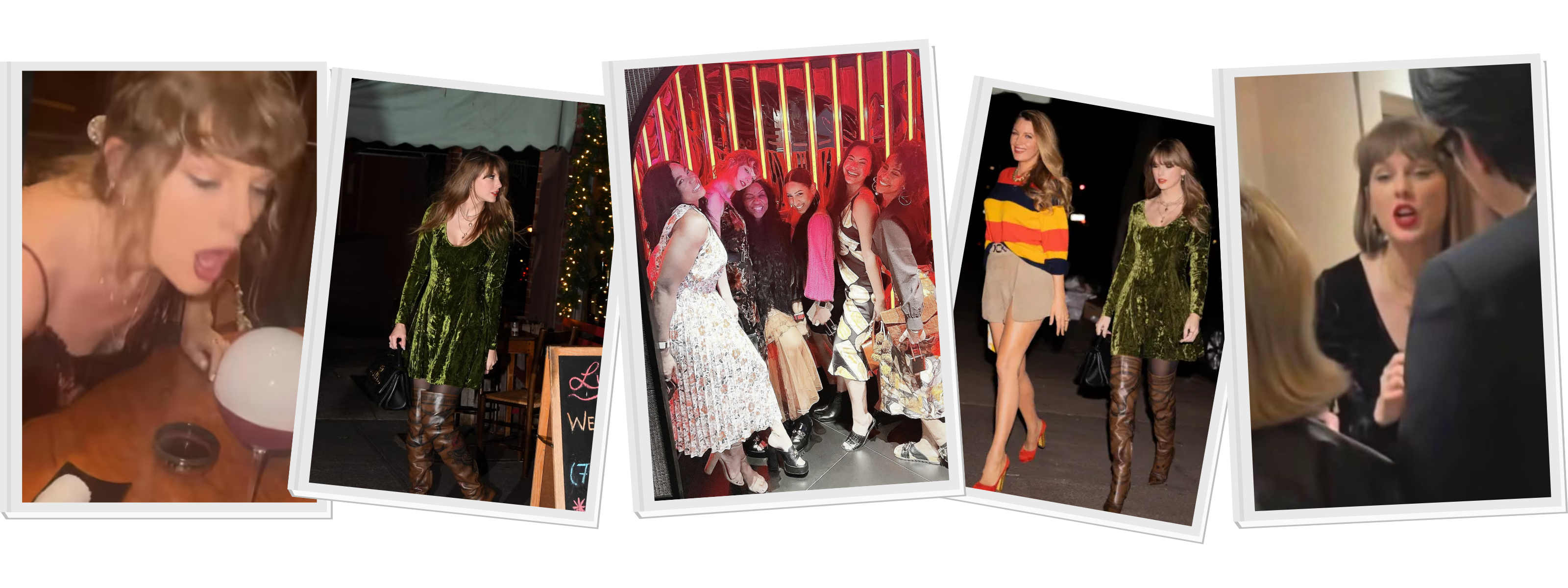 Collage of Little Lies dresses as seen on Taylor Swift, featuring Sweet Jane Olive and black crushed velvet mini dresses including Rooms On Fire velvet slip.