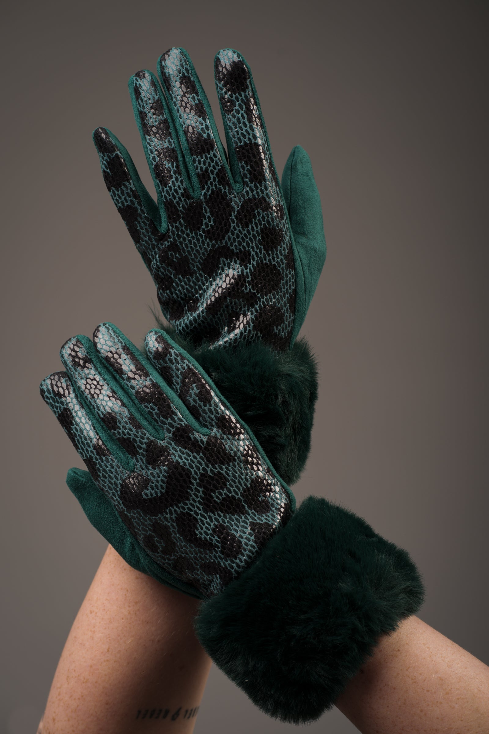 Teal Animal Faux Leather Gloves