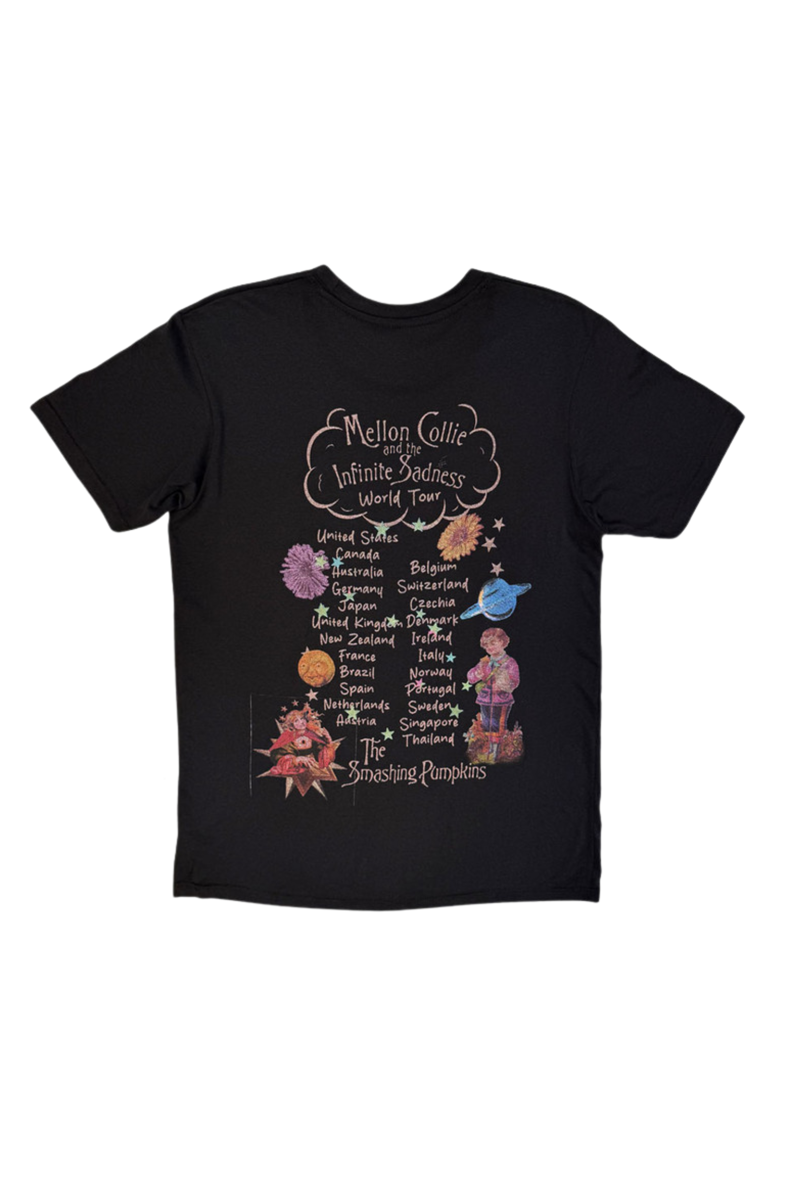 Back ghost image of Little Lies Smashing Pumpkins Celestial Band Tee in black showing Mellon Collie world tour dates