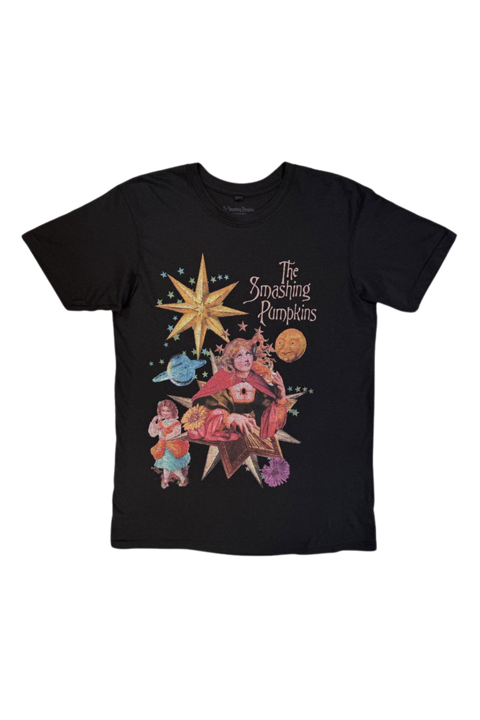 Front ghost image of Little Lies Smashing Pumpkins Celestial Band Tee in black showing celestial artwork with stars and planets