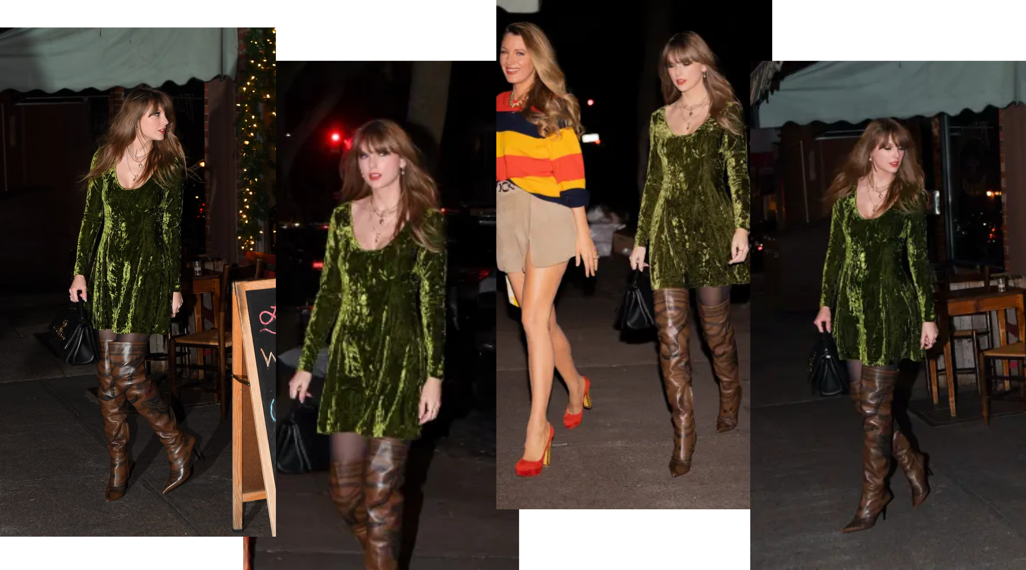 Taylor Swift wearing the Little Lies Sweet Jane olive crushed velvet mini dress styled with patterned tights, brown over‑the‑knee boots and a black handbag while walking outdoors at night.