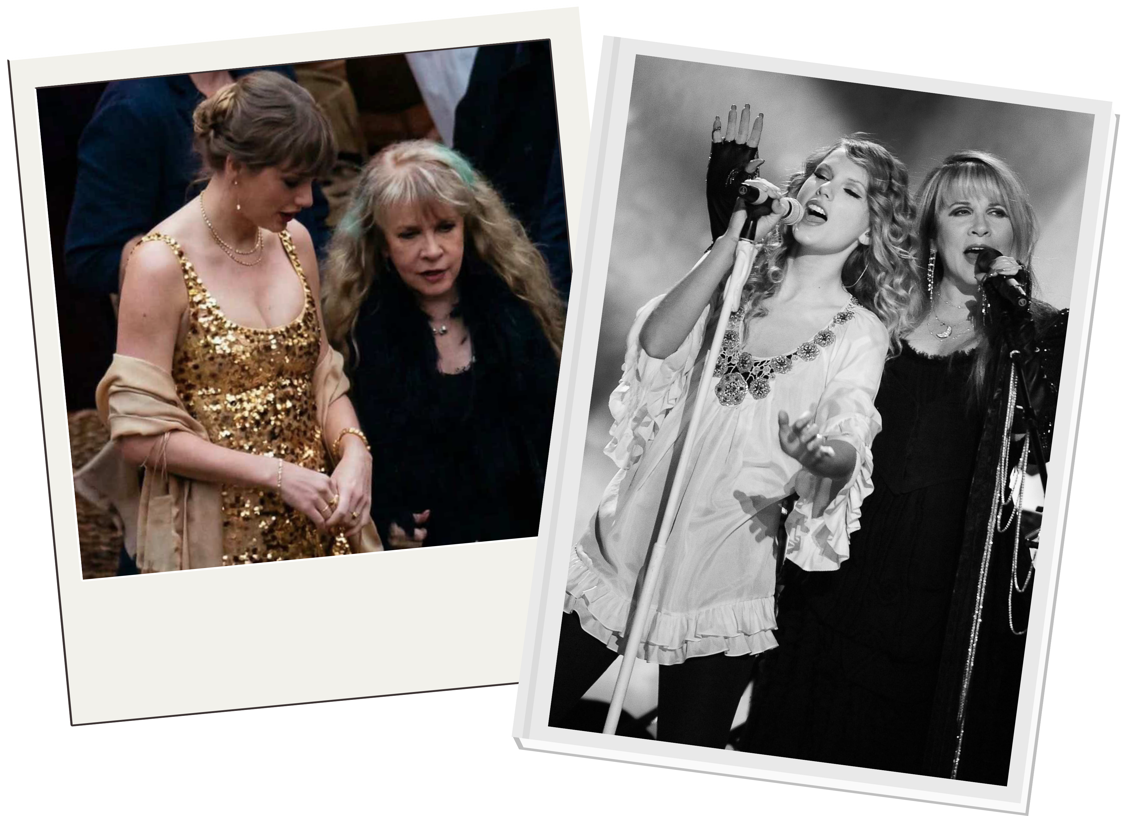 Taylor Swift and Stevie Nicks dressed in sequinned and boho‑inspired outfits pictured together, captured in a vintage Polaroid‑style frame.