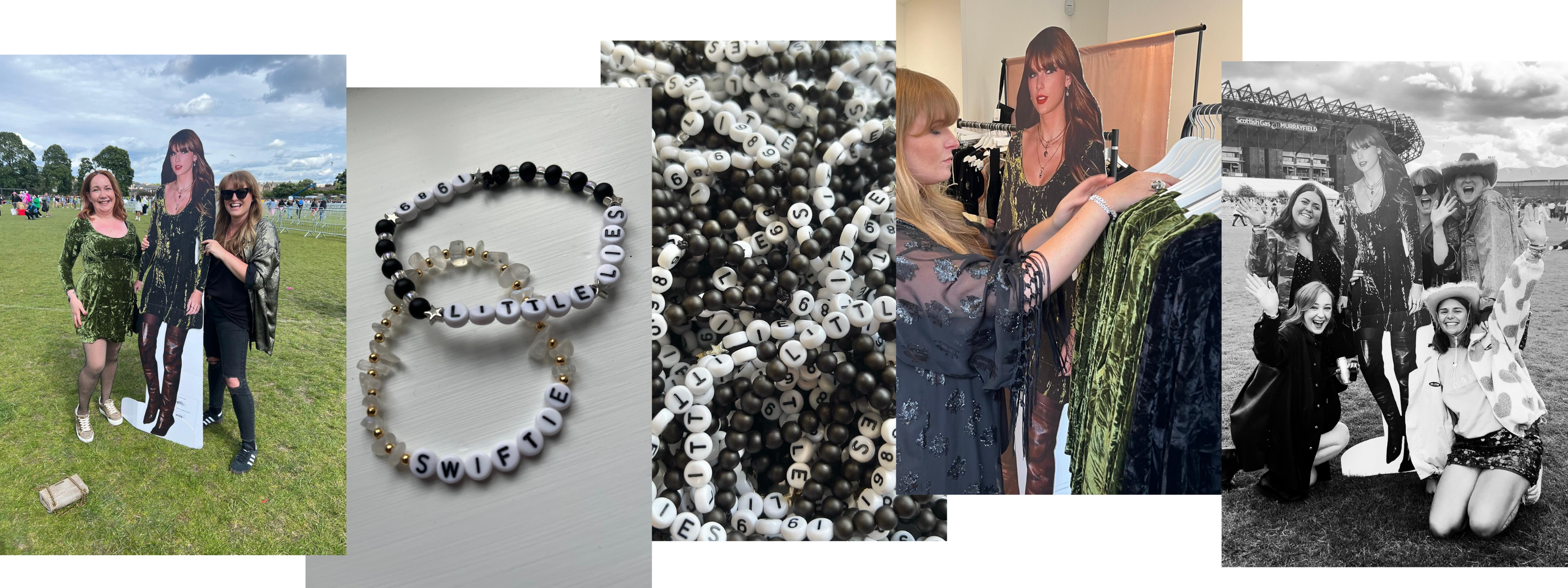 Group posing with a cardboard cut‑out wearing the Sweet Jane olive crushed velvet mini dress outside a stadium event, featuring beaded friendship bracelets spelling out Little Lies and Swiftie displayed on a white surface