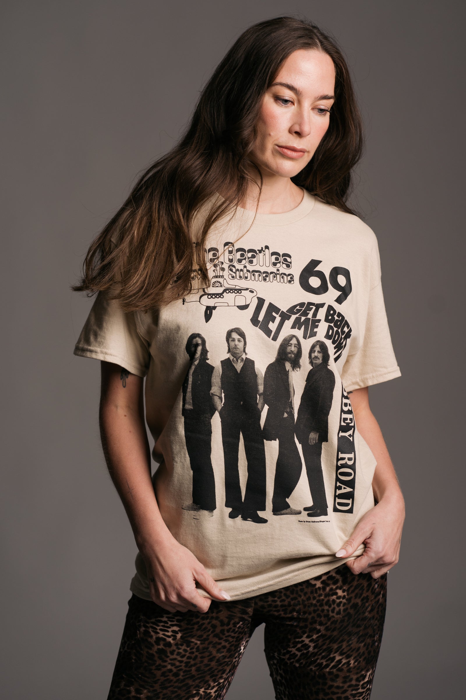 The Beatles 1969 Natural Band Tee worn with Hendrix Leopard Velvet Flares on Brunette Model