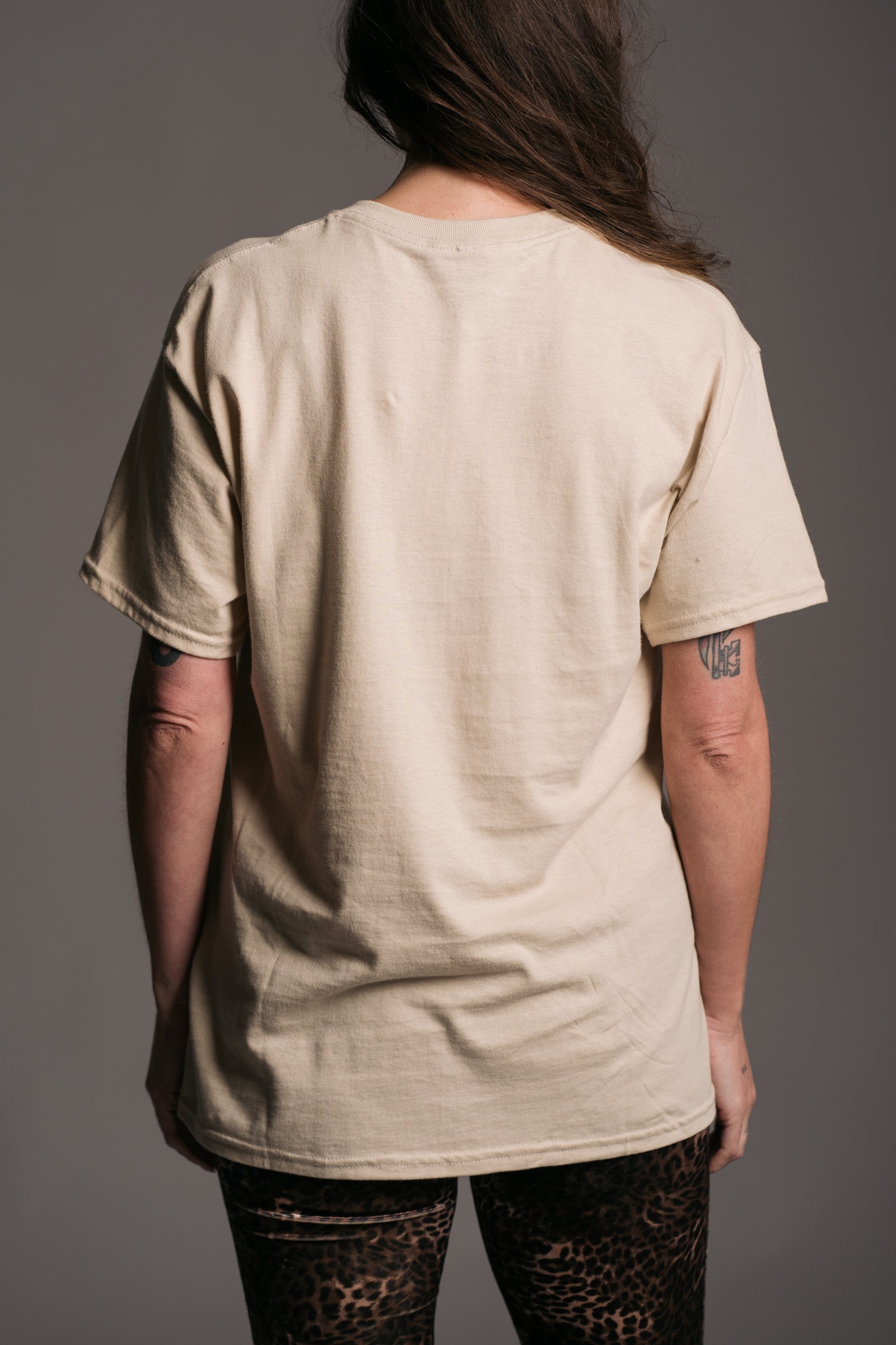 The Beatles 1969 Natural Band Tee worn with Hendrix Leopard Velvet Flares on Brunette Model