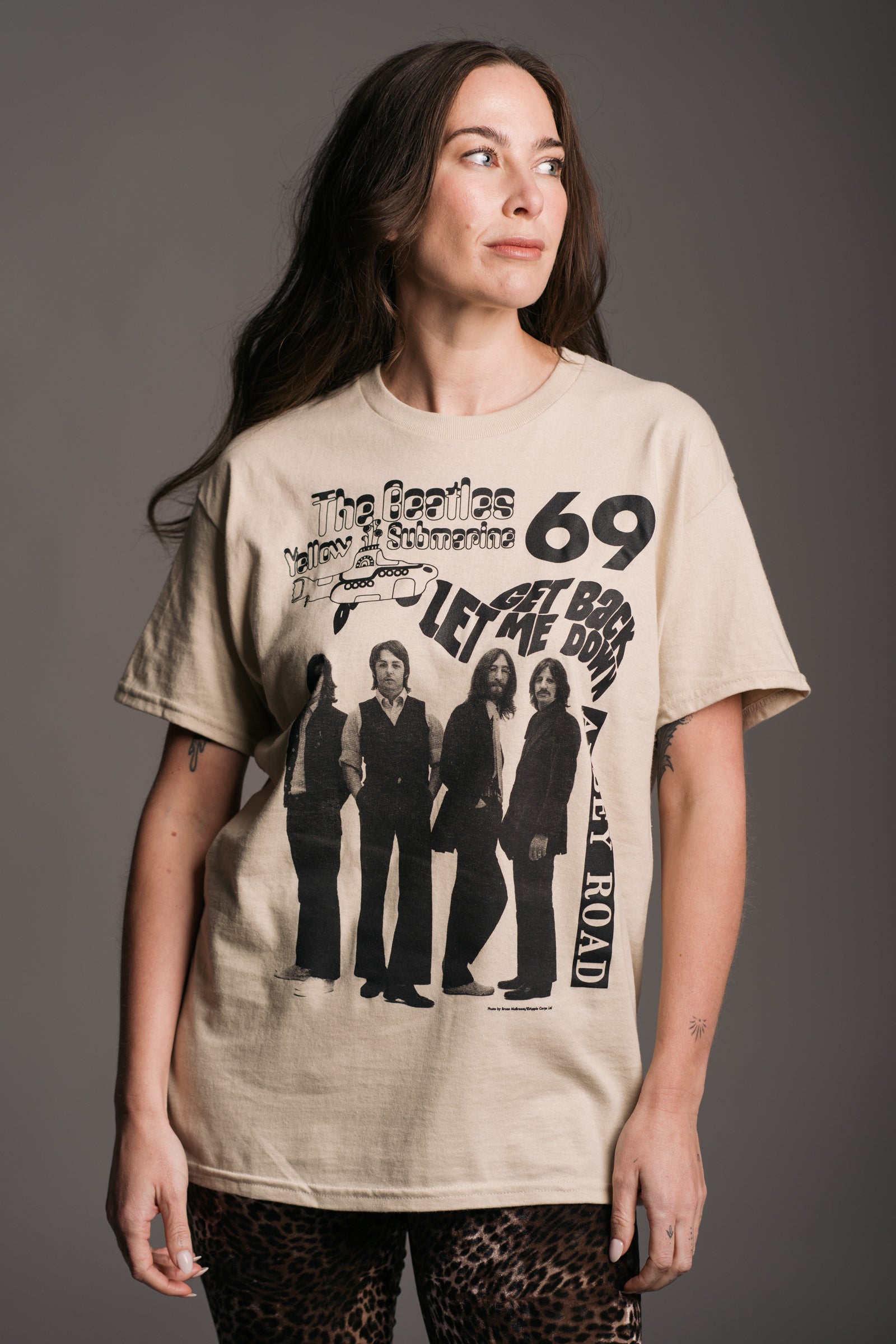 The Beatles 1969 Natural Band Tee worn with Hendrix Leopard Velvet Flares on Brunette Model