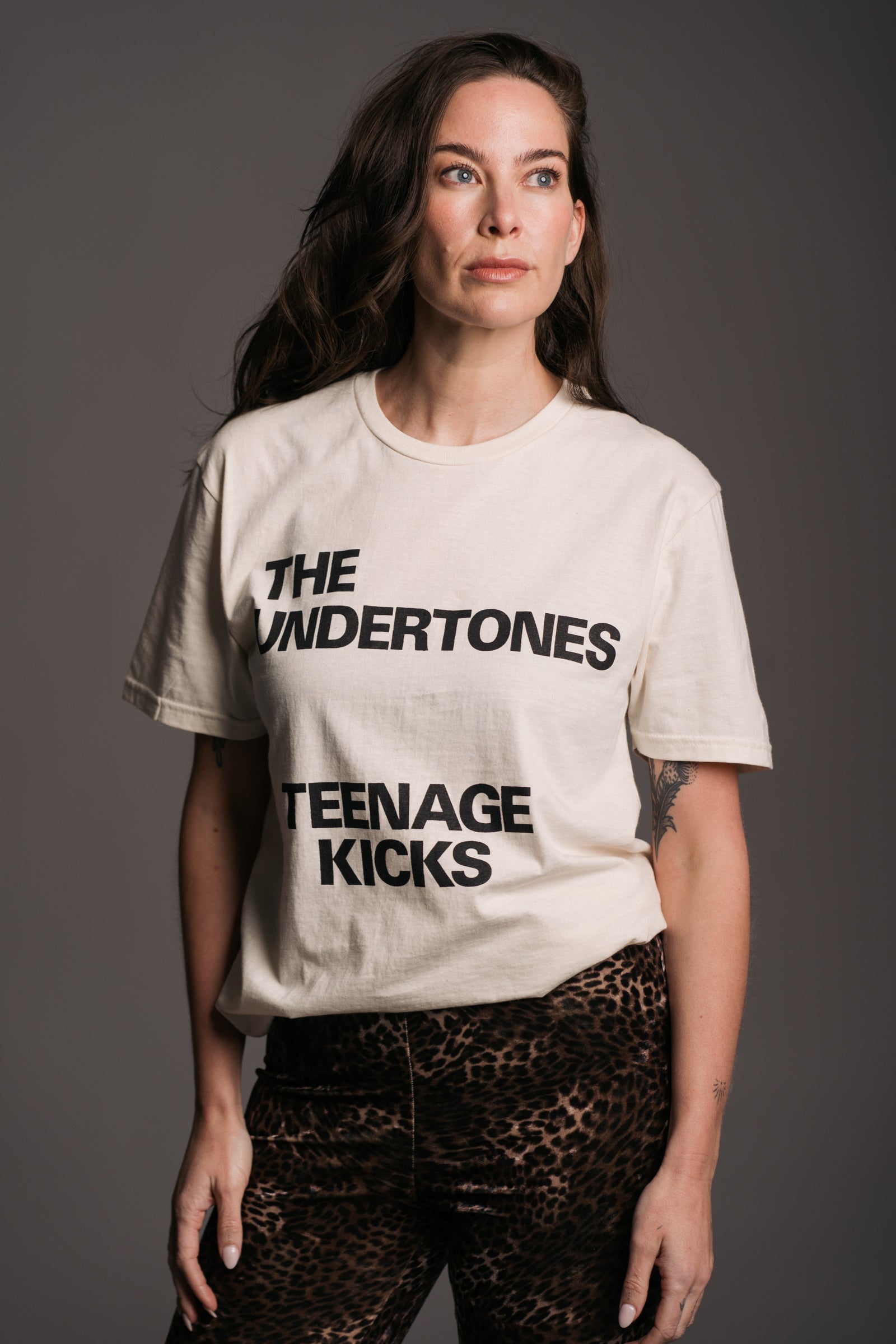 The Undertones Teenage Kicks Band Tee worn with Hendrix Leopard Velvet Flares on Brunette Model