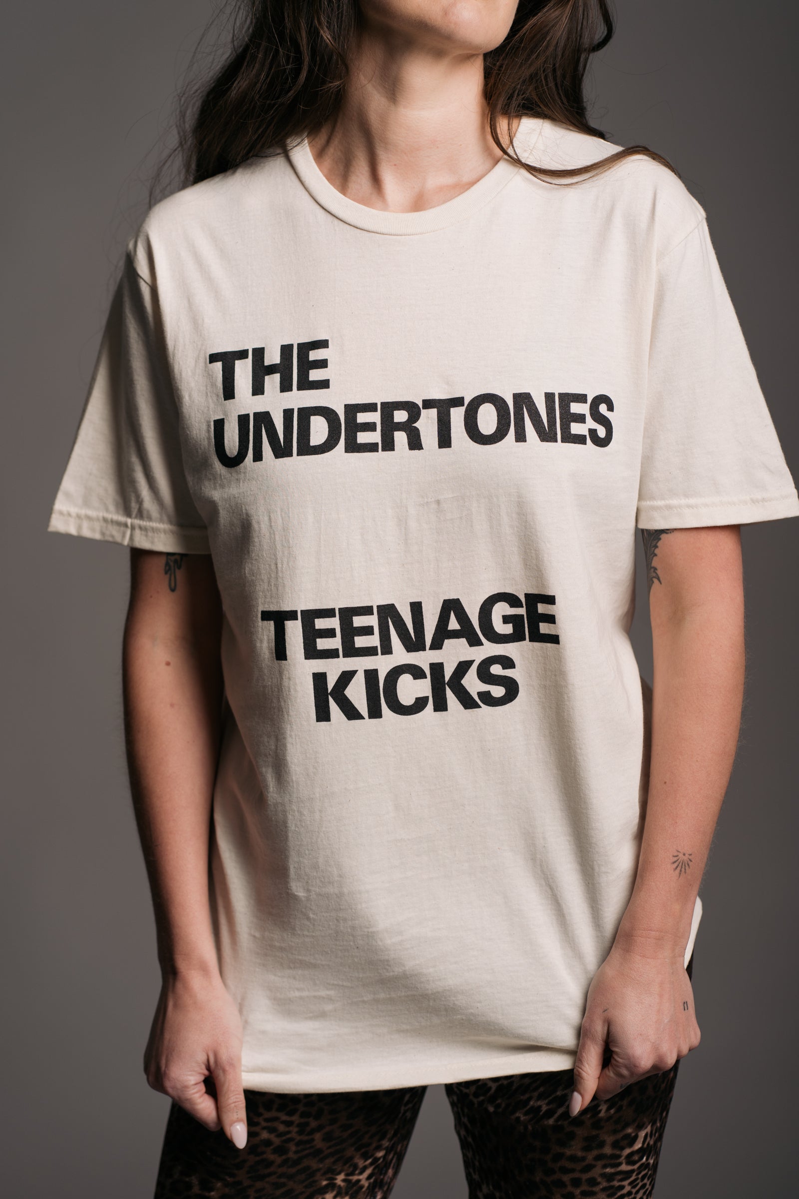 The Undertones Teenage Kicks Band Tee worn with Hendrix Leopard Velvet Flares on Brunette Model
