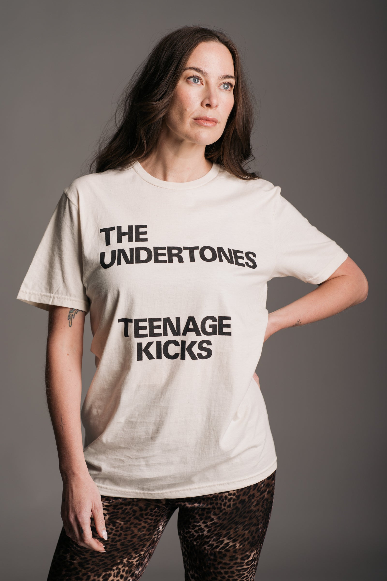 The Undertones Teenage Kicks Band Tee worn with Hendrix Leopard Velvet Flares on Brunette Model
