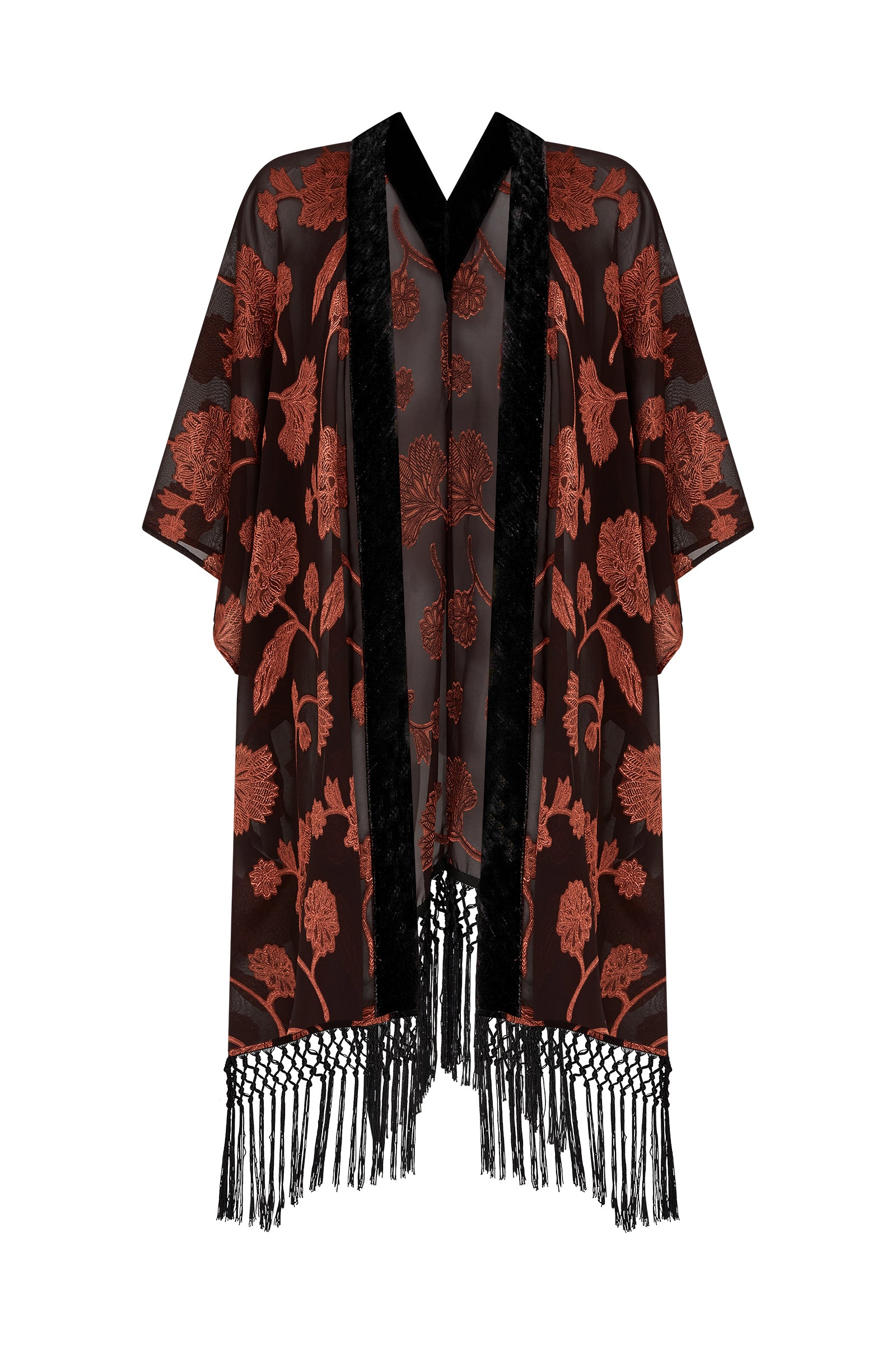 Venus Fringed Kimono with sheer black fabric, red floral pattern, and black fringe trim
