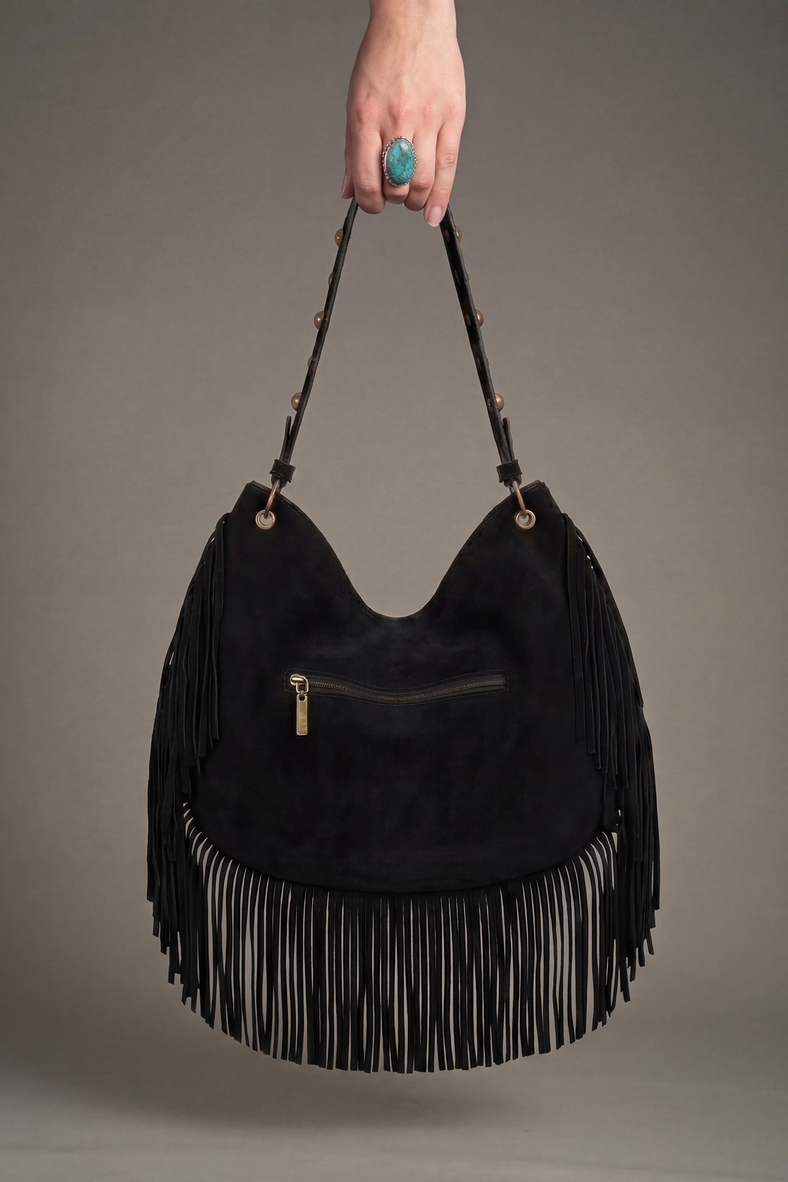 Willow Black faux suede studded fringe slouchy bag back view with zip pocket detail
