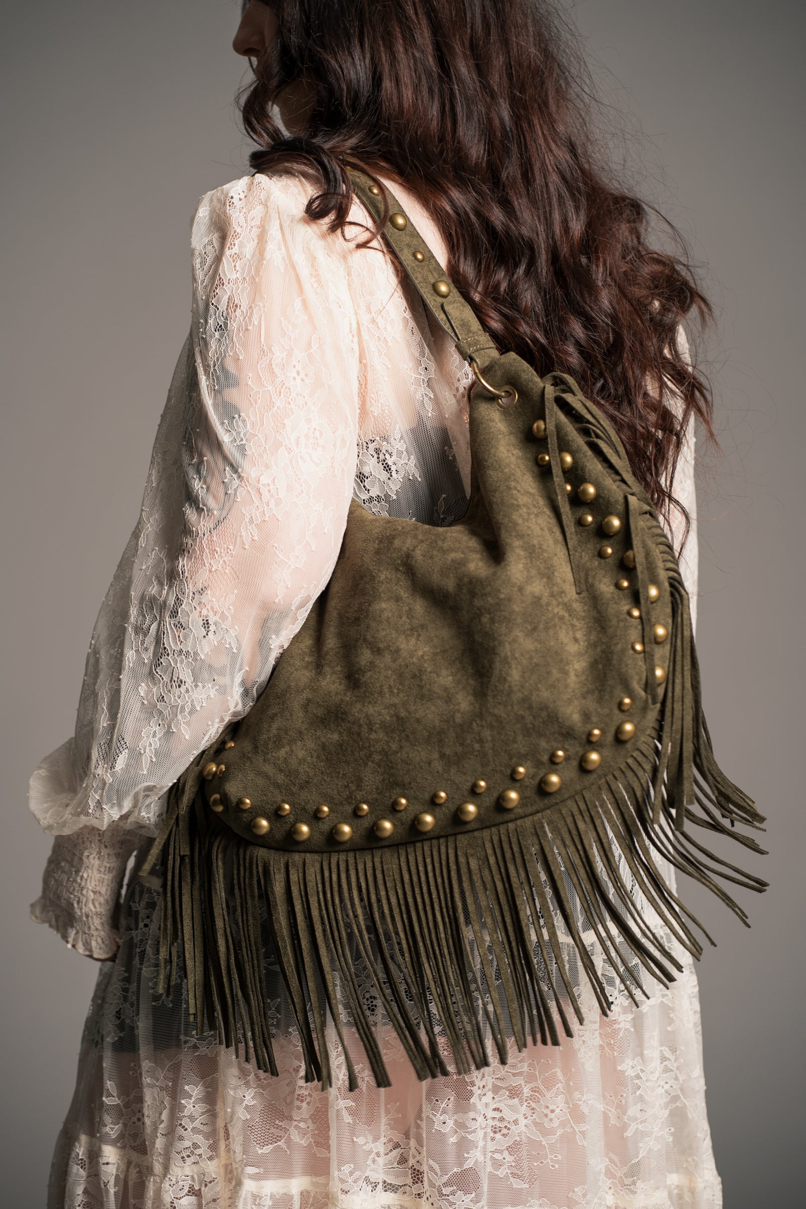 Willow Slouchy Khaki Faux Suede Studded Bag
