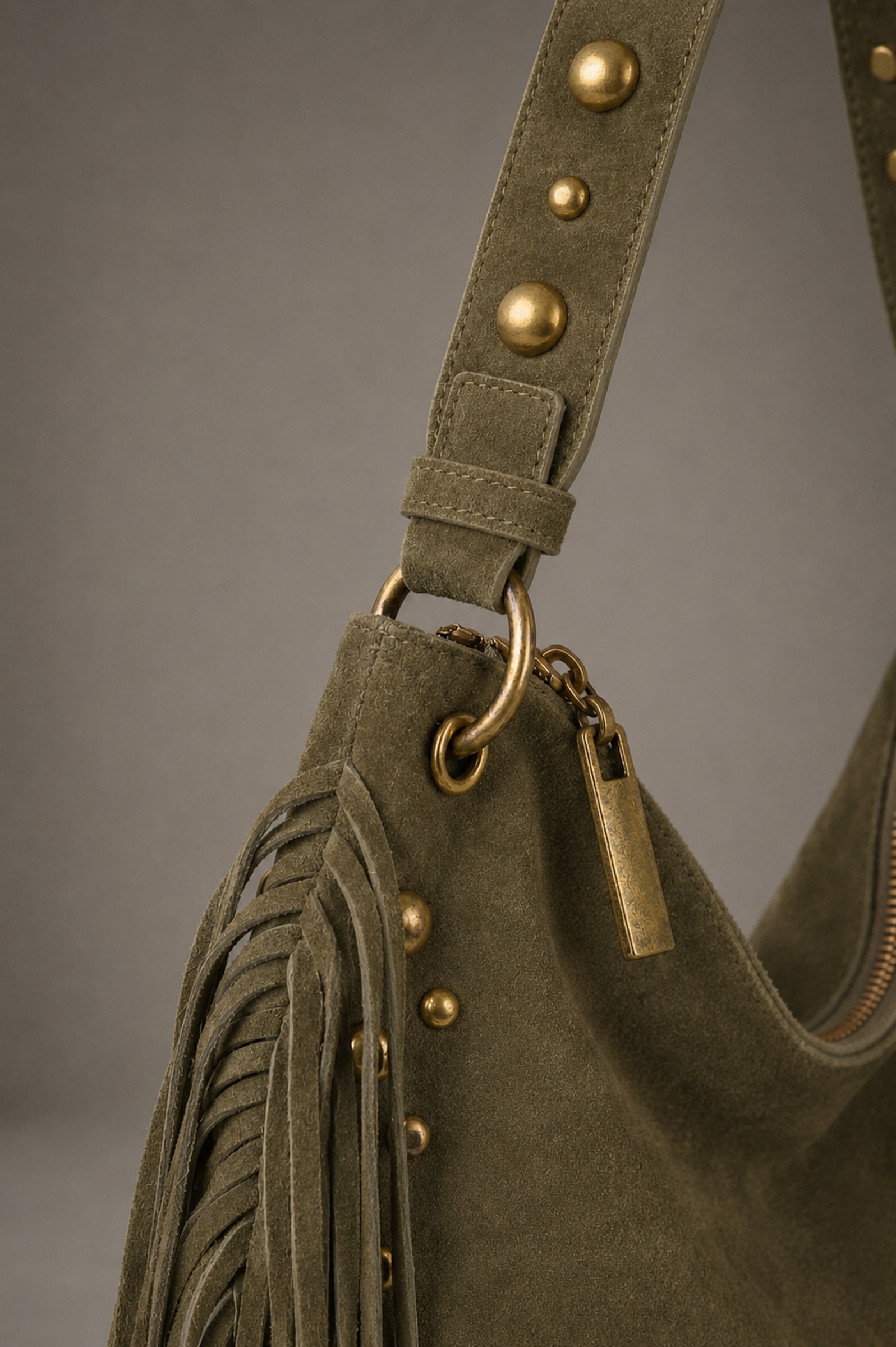 Studded strap detail on Willow khaki slouchy shoulder bag