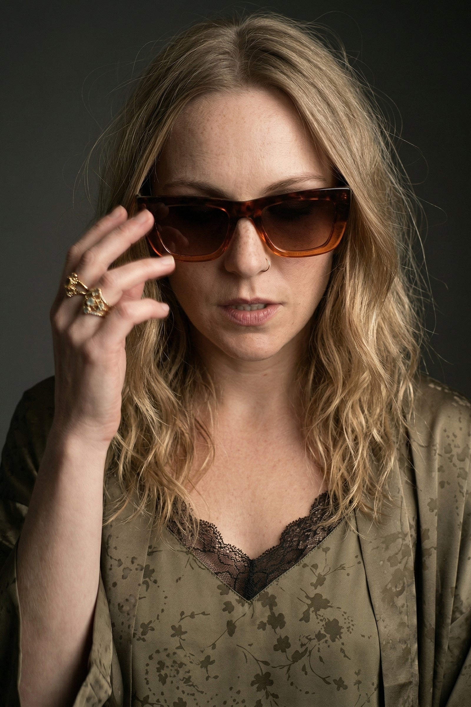 Model wearing square sunglasses styled with Iris Cami top and Iris Kimono