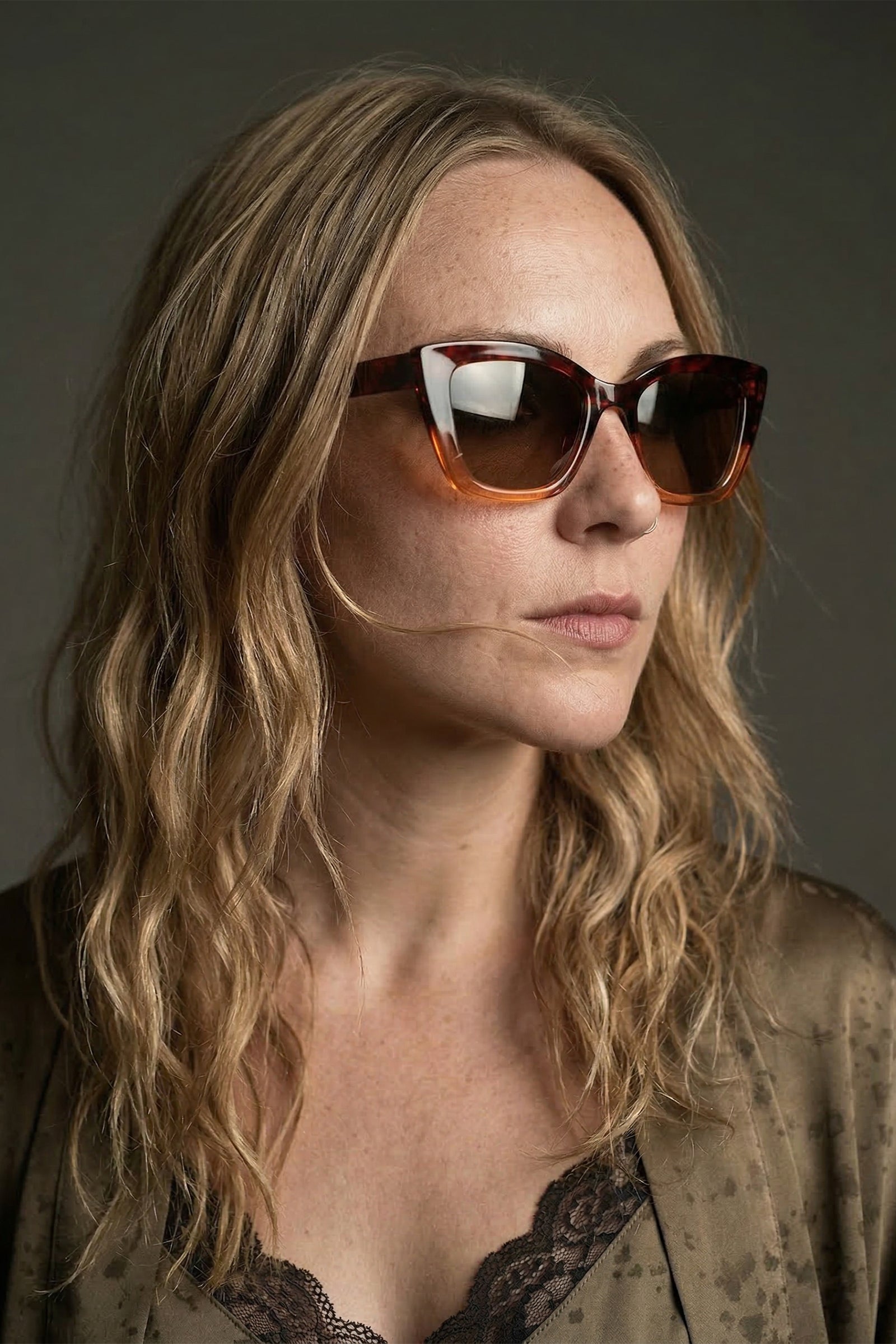 Model wearing square sunglasses styled with Iris Cami Top & Kimono