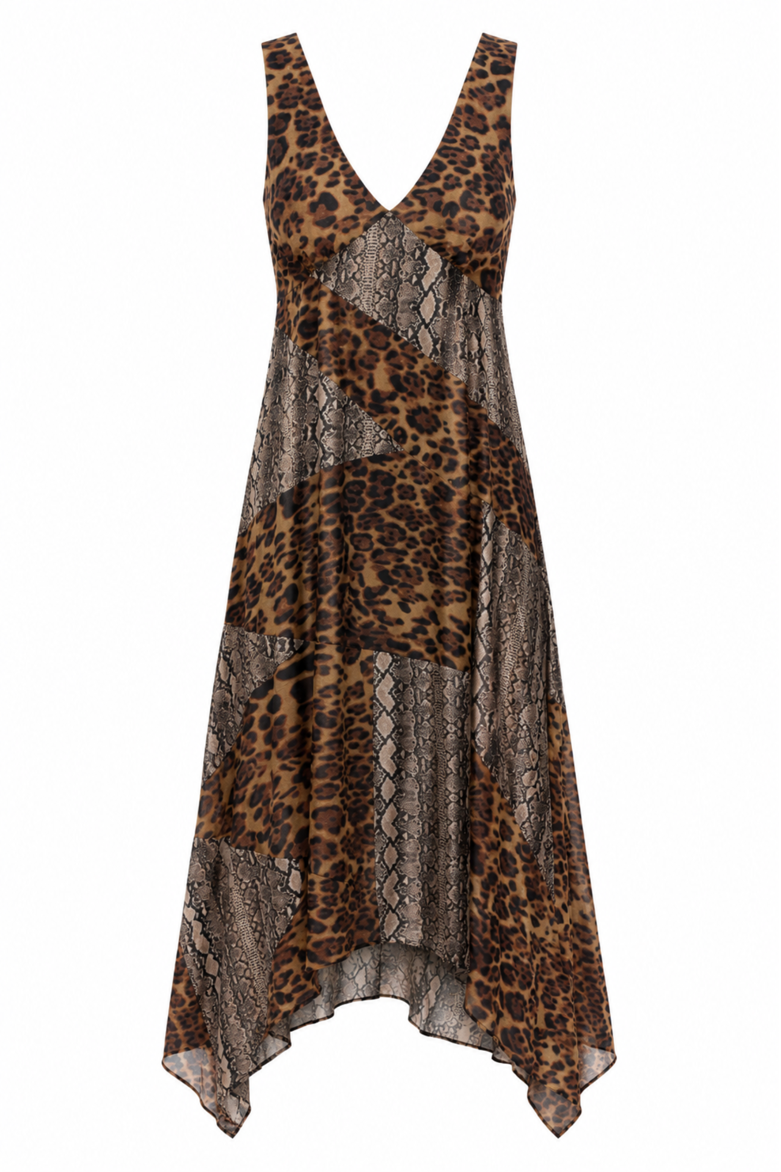 Zadie Animal Handkerchief Patchwork Dress in leopard and snake print by Little Lies
