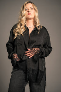 Erin wearing the Zoë Black Satin Lace Trim Shirt by Little Lies