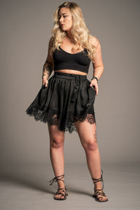 Erin in the Zoë Satin Lace Trim Shorts, relaxed co-ord style