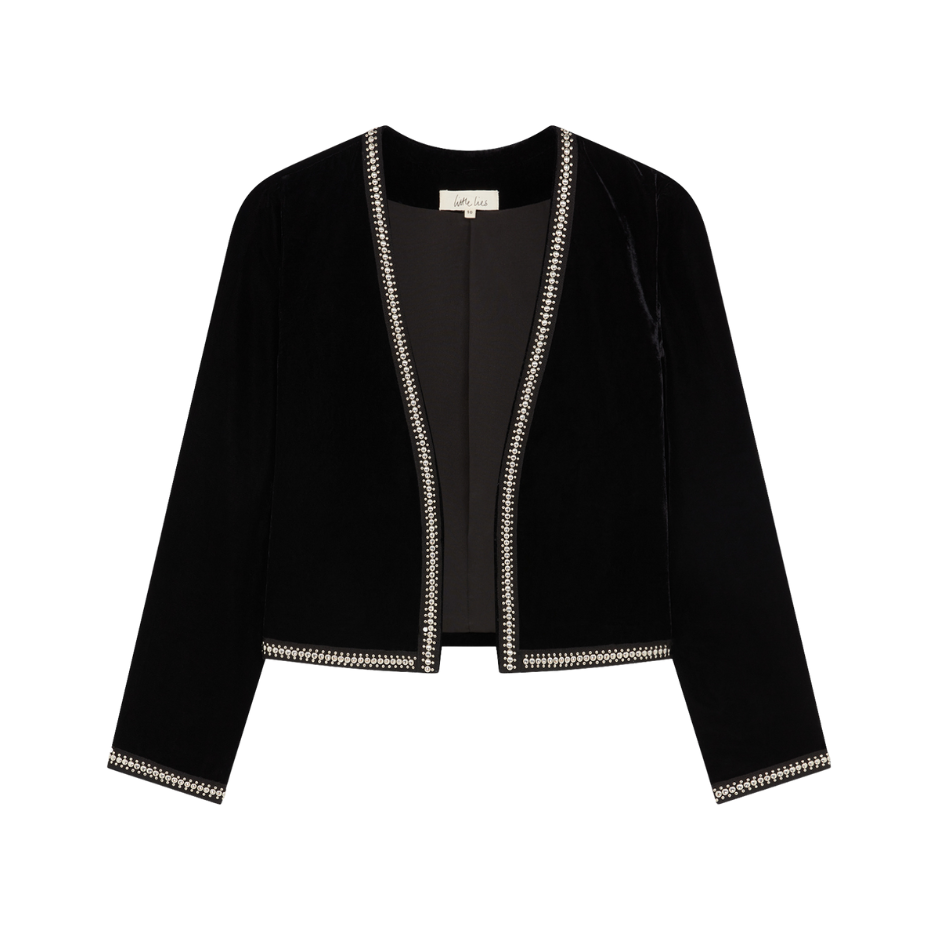 Ghost image of Metal Guru Studded Velvet Jacket with studded trim detail around neckline, hem and cuffs.