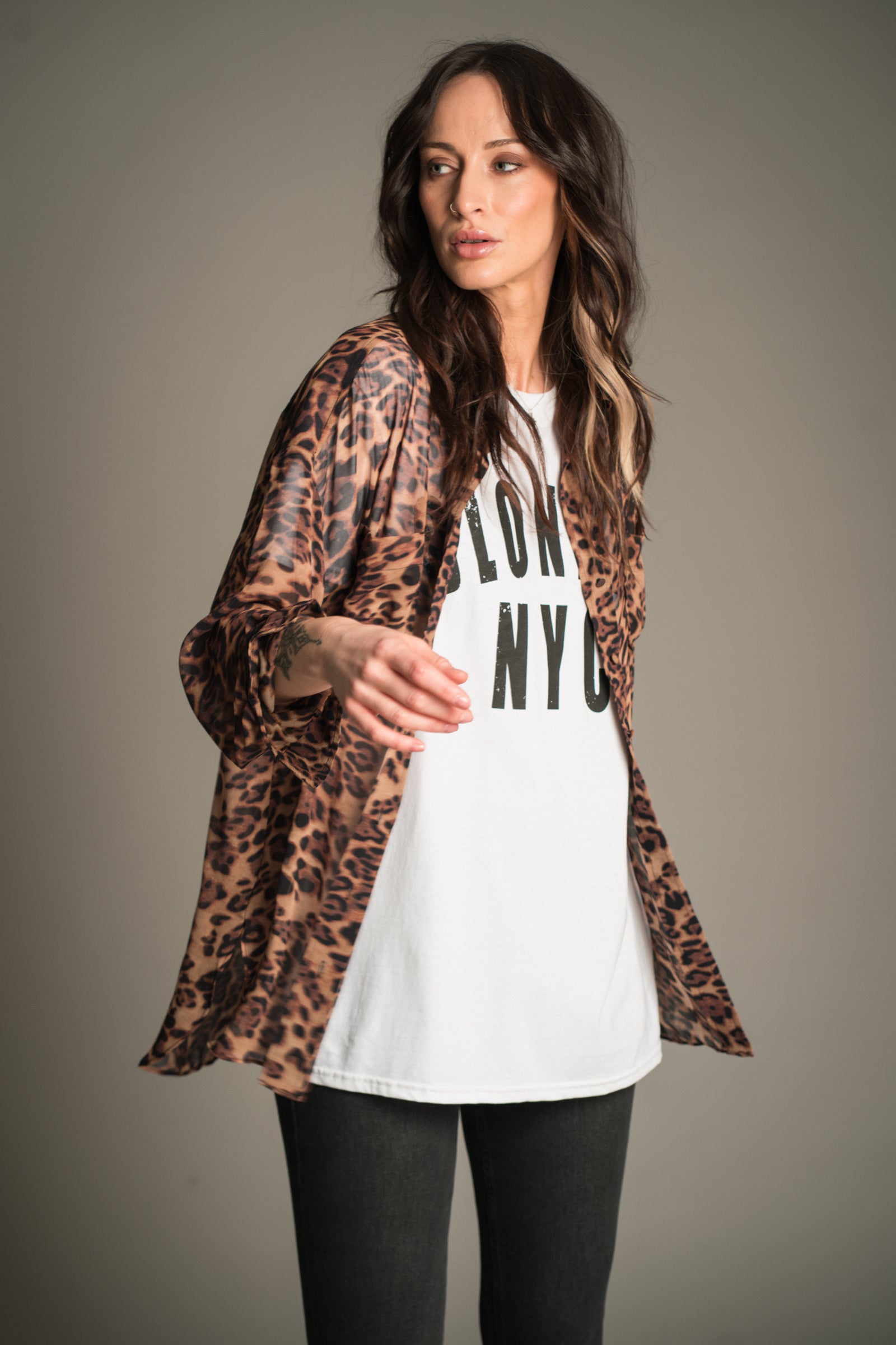 Blondie NYC band tee styled with Mosshart Leopard Shirt