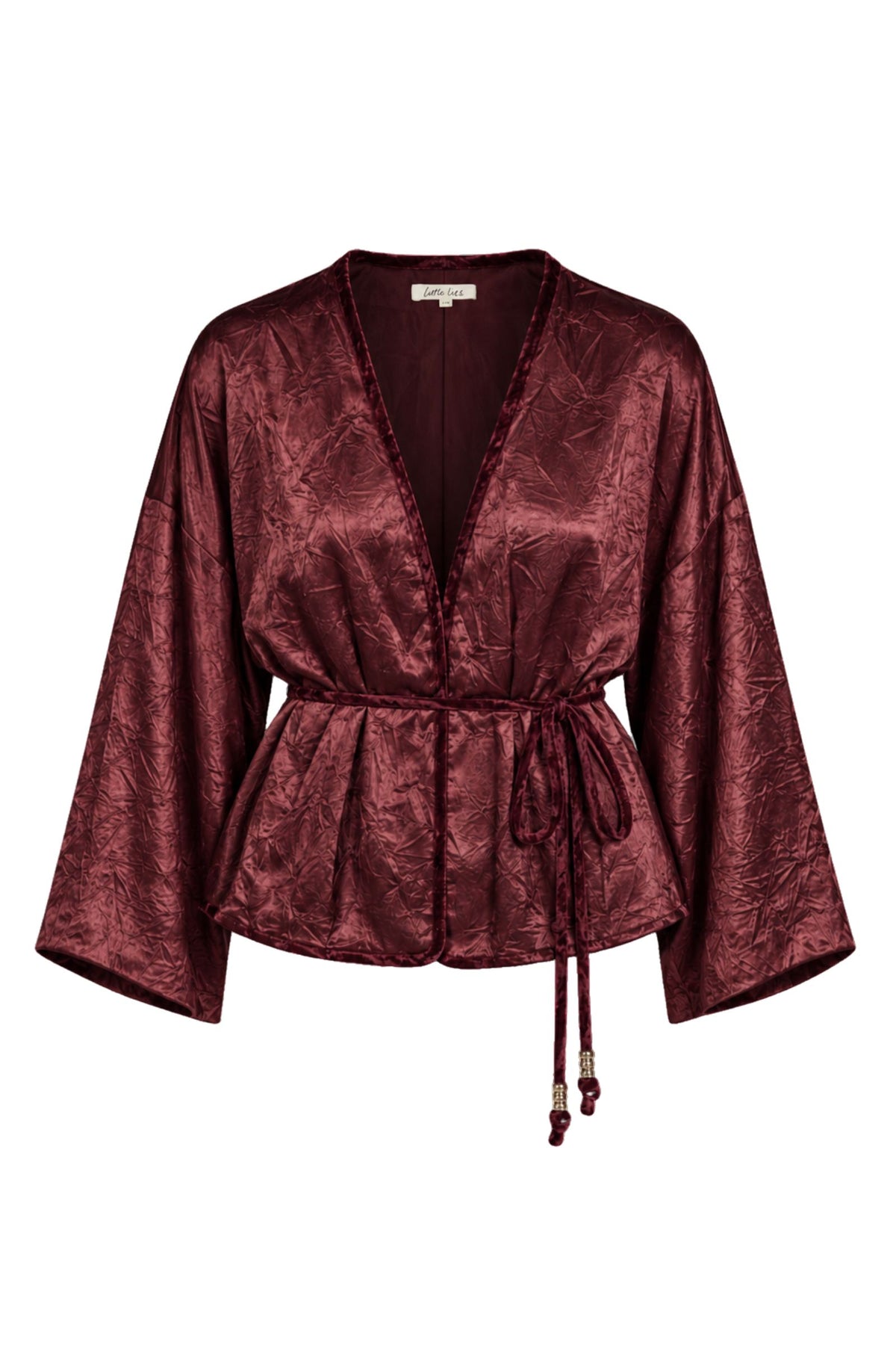 Ghost image Celeste wine kimono top with wrap front, self-tie waist, wide kimono sleeves and satin-effect textured finish