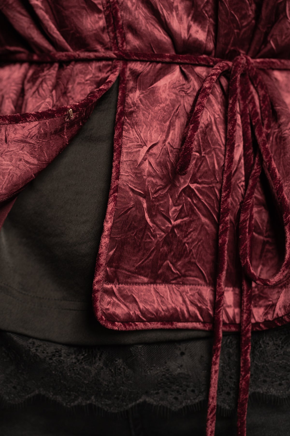 Celeste Wine Kimono Top crushed satin fabric, waist tie and hook and eye fastening details.
