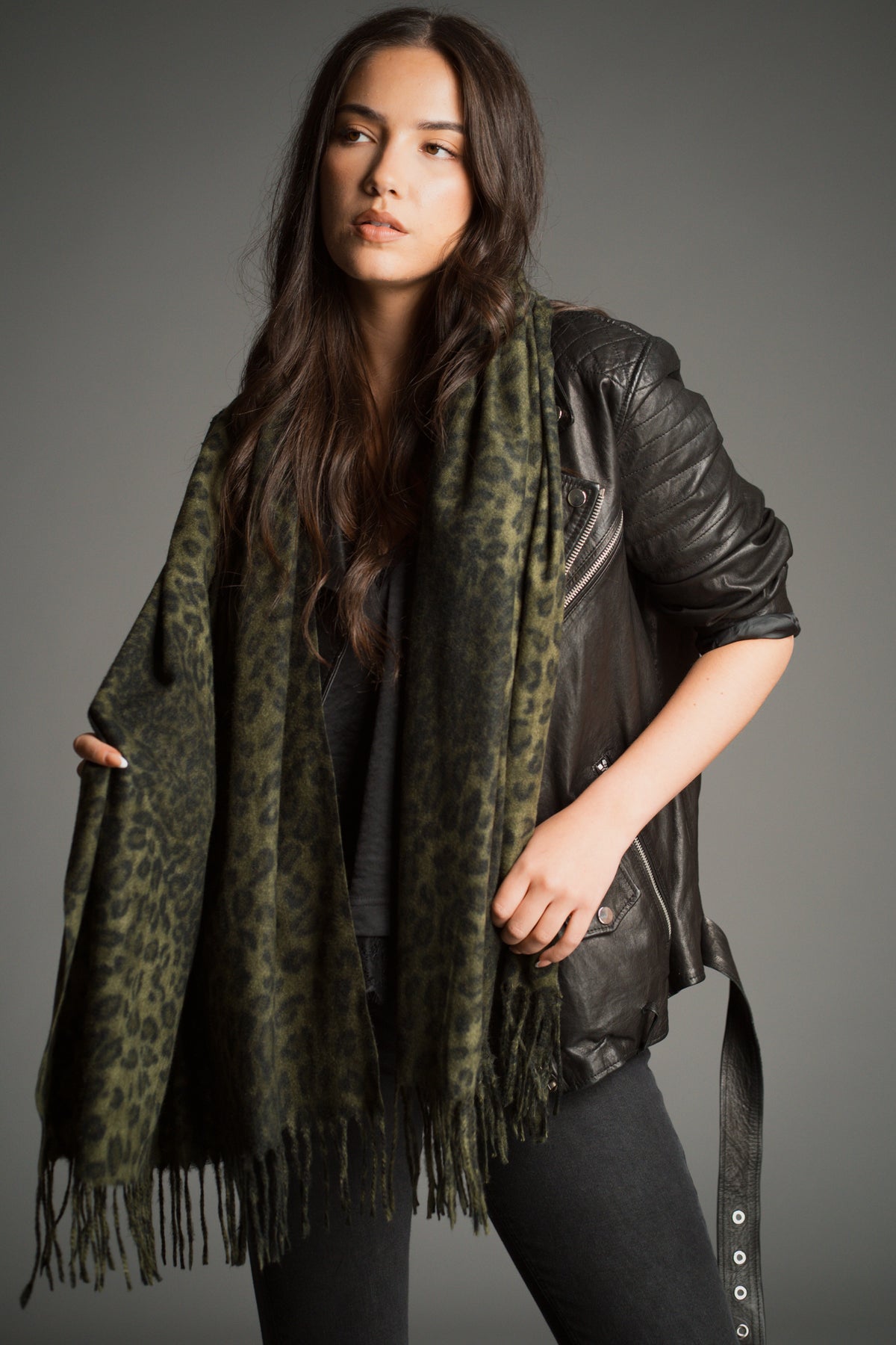 Little Lies khaki leopard blanket scarf featuring an oversized animal print design, lightweight drape and fringed edging