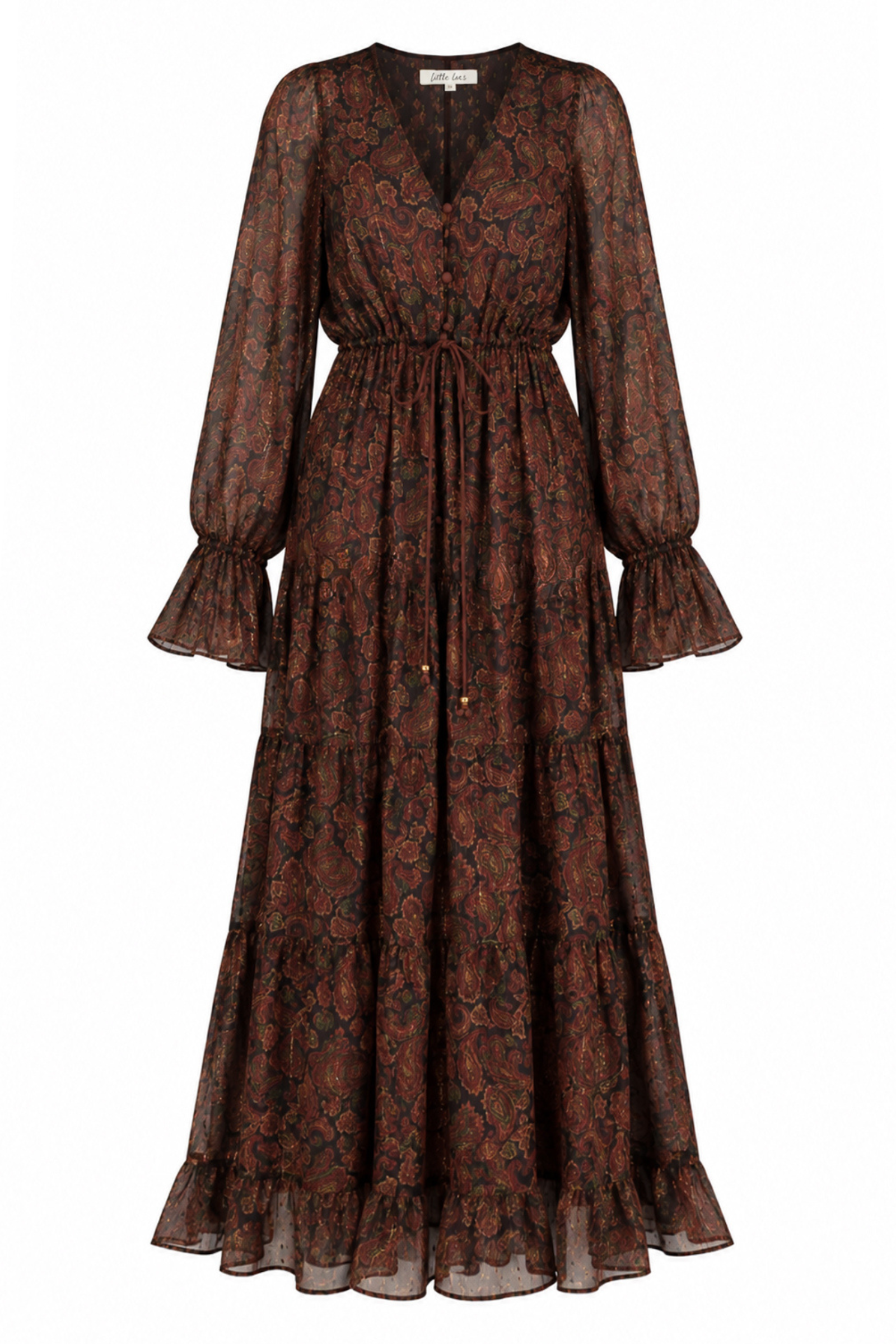 Ghost image of the Dark Paradise Paisley Maxi Dress showing drawstring waist and fluid silhouette.