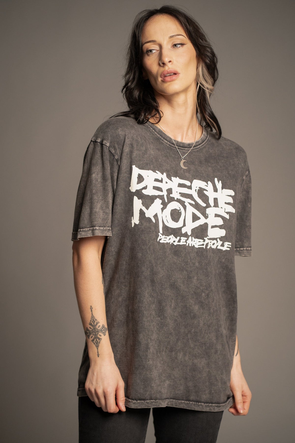 Victoria wearing the Depeche Mode People Are People vintage wash band T-shirt with Hendrix Denim Flares