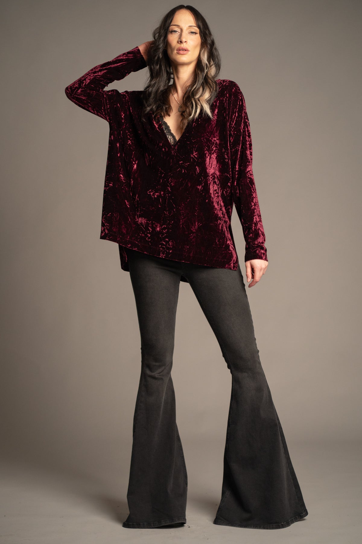 Dylan Merlot crushed velvet tee in rich merlot red with relaxed fit, long sleeves and deep V-neck front
