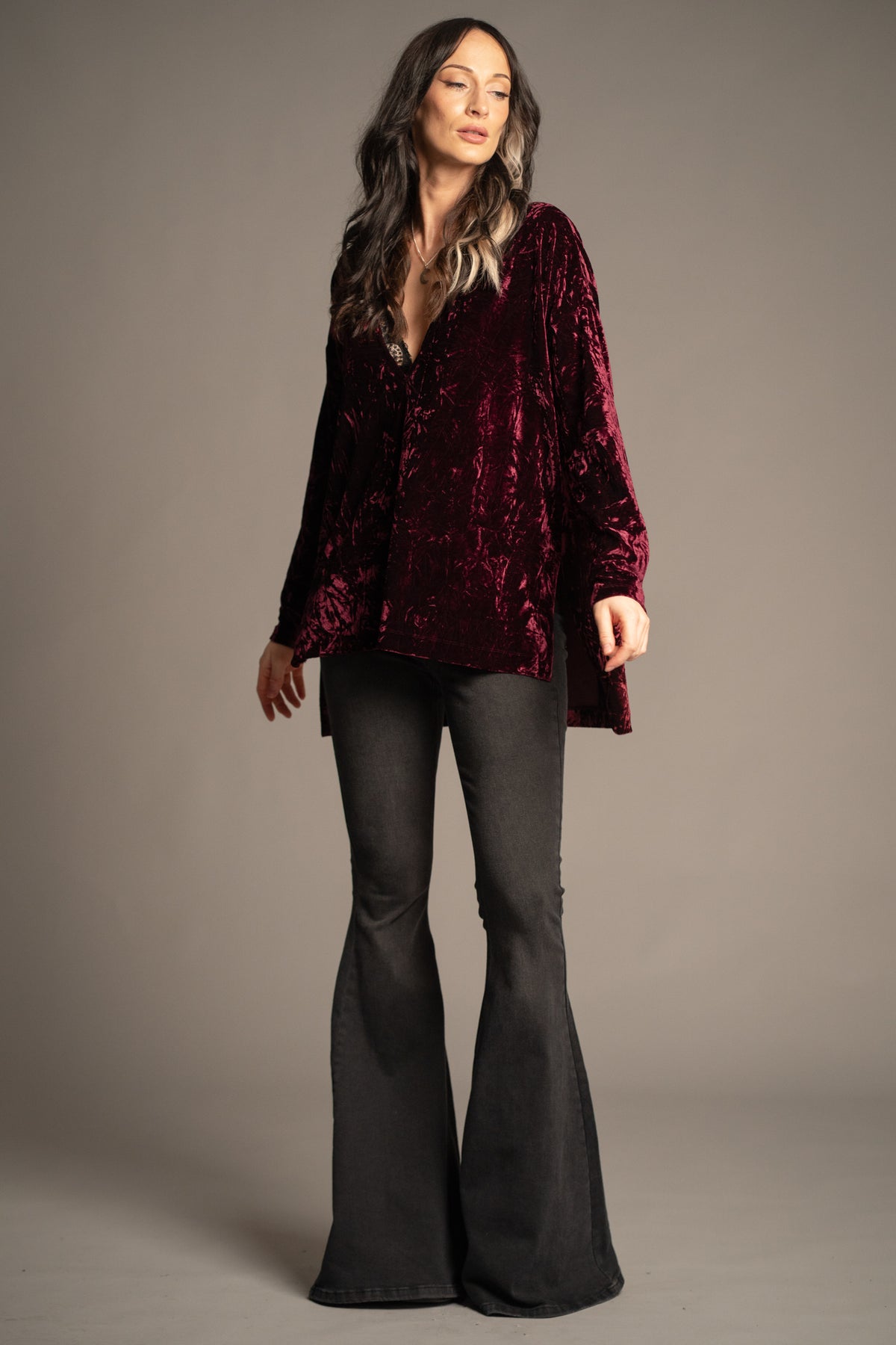 Dylan Merlot crushed velvet tee in rich merlot red with relaxed fit, long sleeves and deep V-neck front