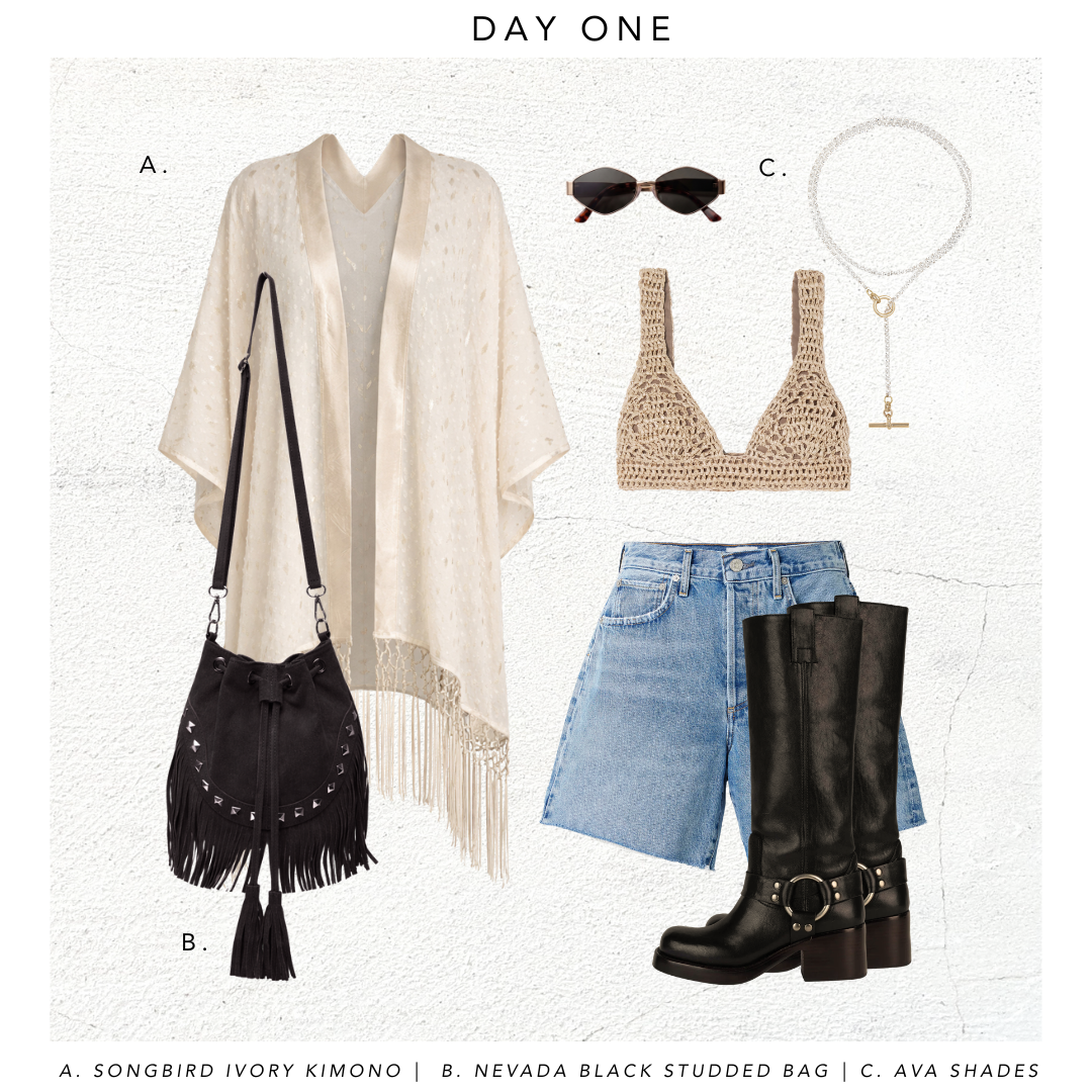 Day one festival outfit inspo. Featuring Songbird Ivory Fringed Kimono, crochet bralet top, denim shorts, shares and Nevada Black Suede Fringed Bucket Bag.