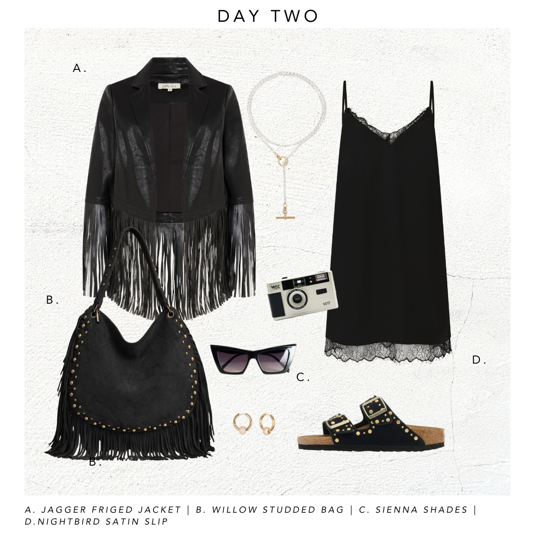 Day 2 festival outfit inspo. Featuring Jagger Fringed Faux Leather Jacket, Nightbird Satin Slip Dress, Willow Slouchy Black Faux Suede Studded Bag, studded sliders, shades and chain necklaces.