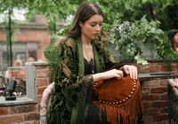 Dakota Olive Devore Kimono by Little Lies featuring velvet burnout detailing, fringe trim and a flowing bohemian silhouette styled with a tan suede fringe bag