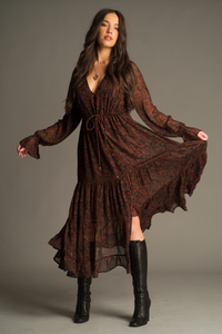 Dark Paradise Paisley Maxi Dress by Little Lies featuring a vintage-inspired paisley print, adjustable drawstring waist and flowing bohemian silhouette