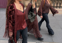 Little Lies autumn street style featuring the Dakota Rust Devore Kimono, Nightbird Rust Satin Cami Top, Dark Paradise Paisley Maxi Dress, Dark Paradise Paisley Top and Hendrix Denim Flares