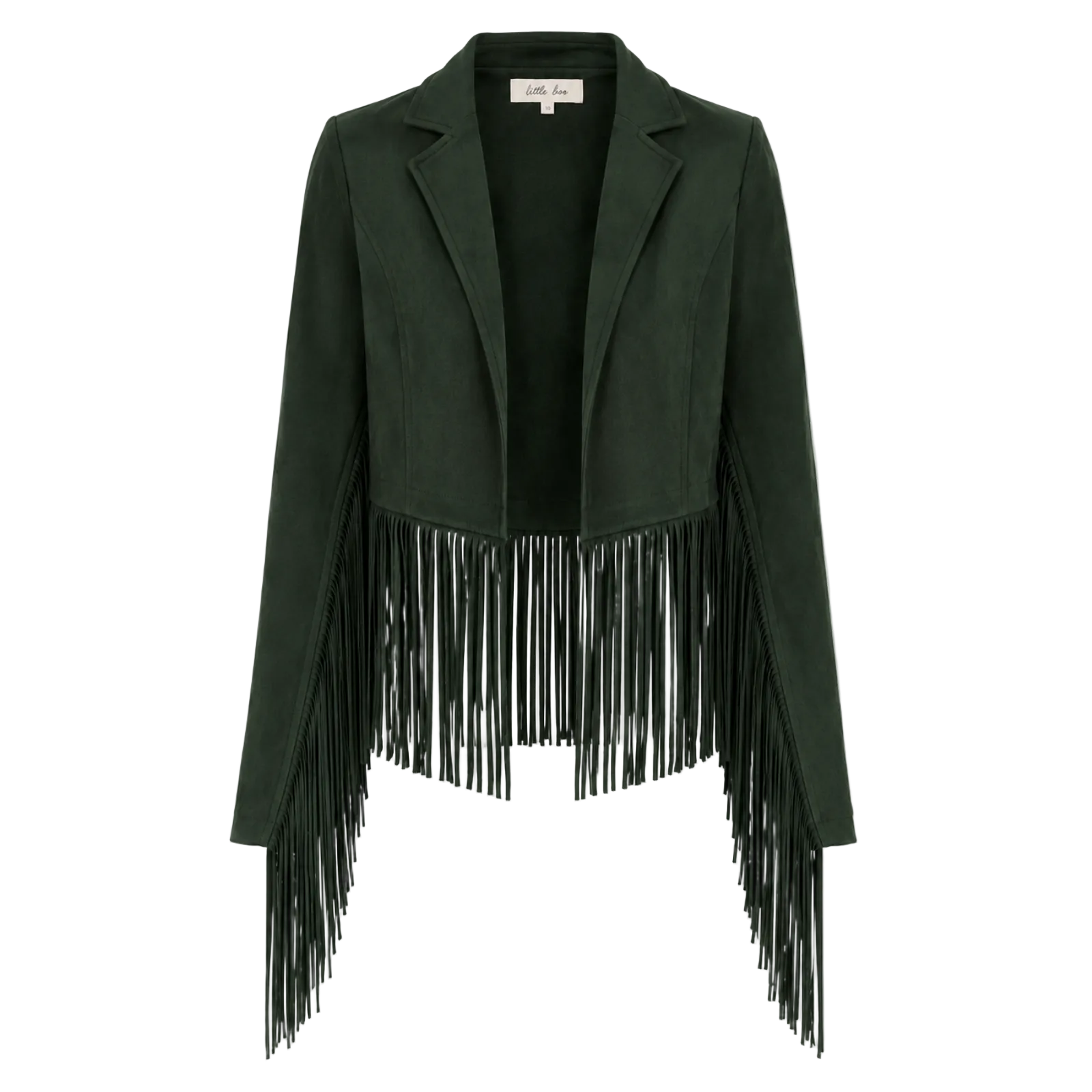 Ghost image of Ivy Fringed Faux Suede Jacket by Little Lies featuring soft faux suede fabric, tailored lapels and statement western-inspired fringe detailing