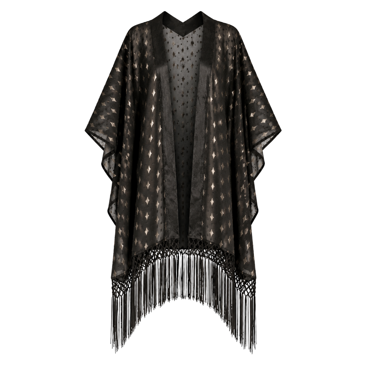 Ghost image of Little Lies Songbird Black Metallic Kimono featuring a sheer black fabric, metallic celestial-inspired pattern and statement fringe hem.