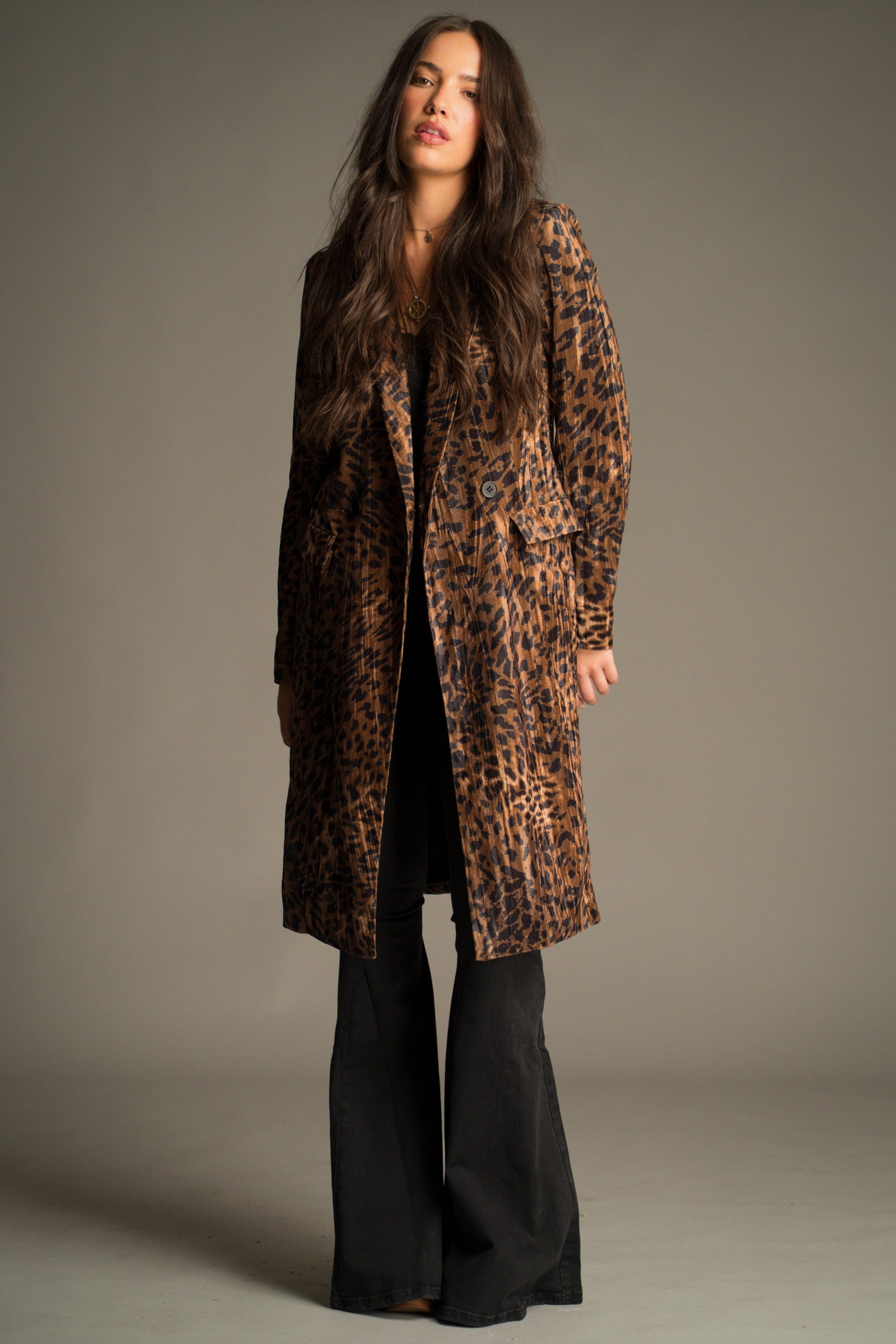 Jagger Leopard Velvet Duster Coat styled with Nightbird Cami Top and Hendrix Denim Flares for a rock and roll look.