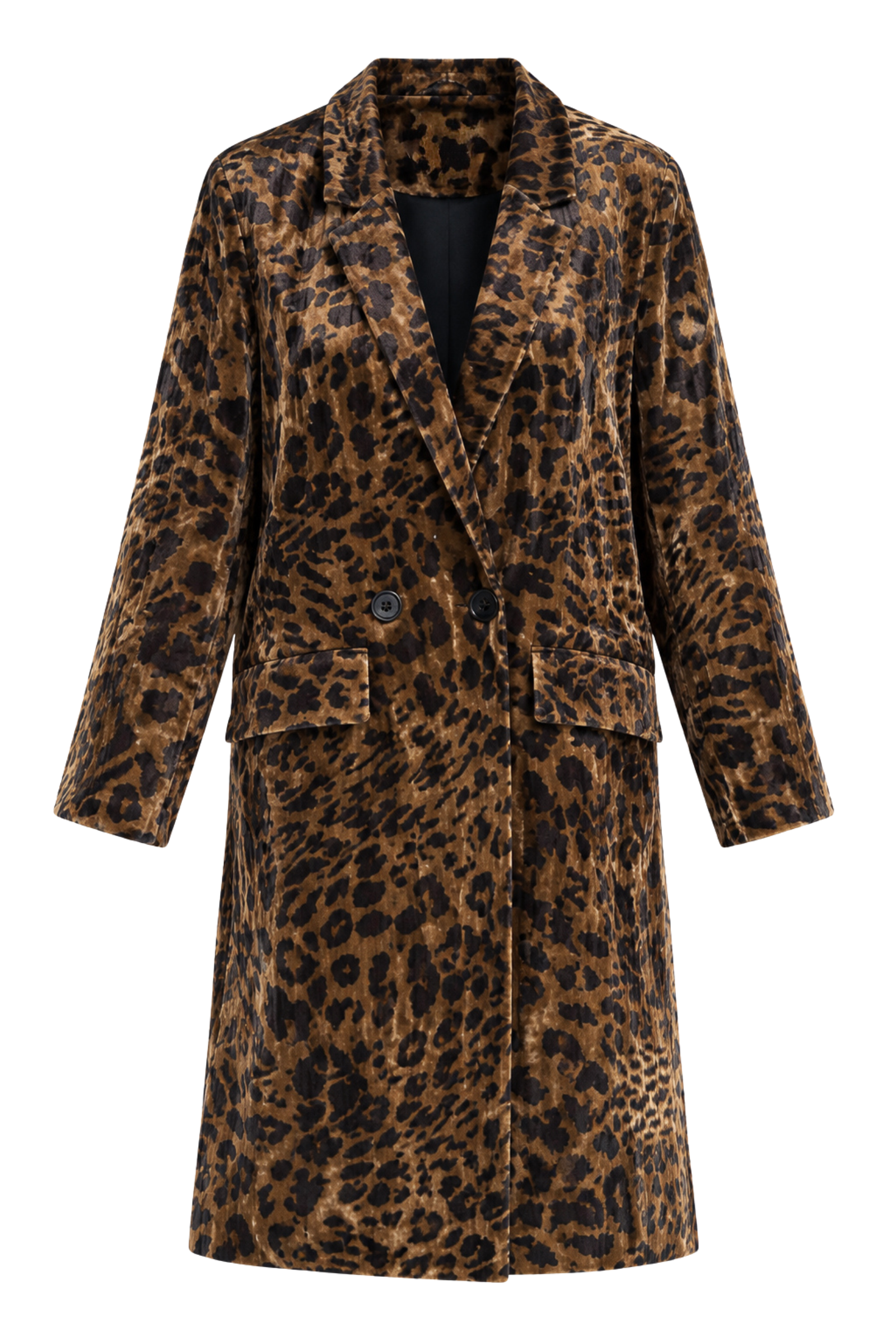 Ghost image of the Jagger Leopard Print Velvet Duster Coat showing longline tailored silhouette.