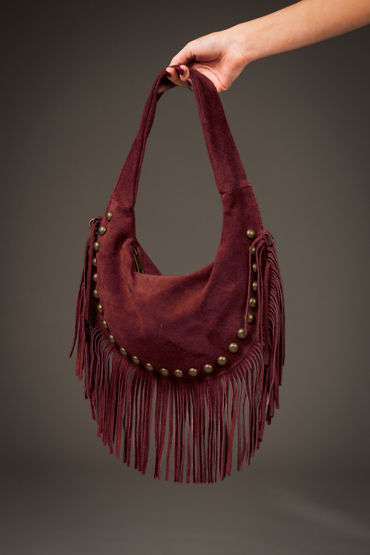 Kate Oxblood Suede Fringe Studded Bag