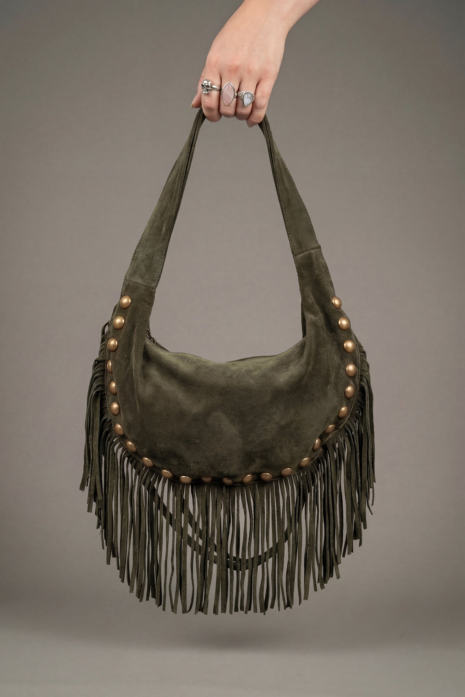Kate khaki genuine suede studded fringe slouchy bag front view