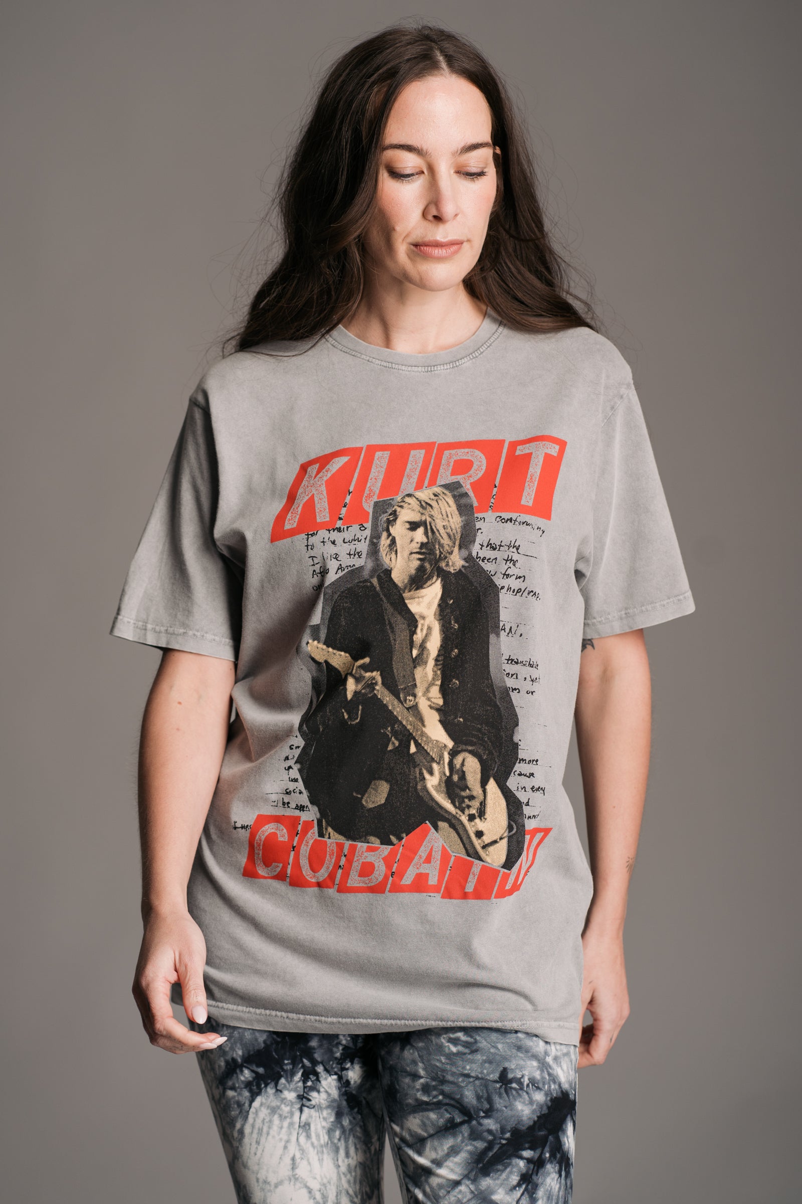 Kurt Cobain Acid Wash Band Tee featuring vintage-inspired graphic artwork, washed cotton fabric and a relaxed oversized fit